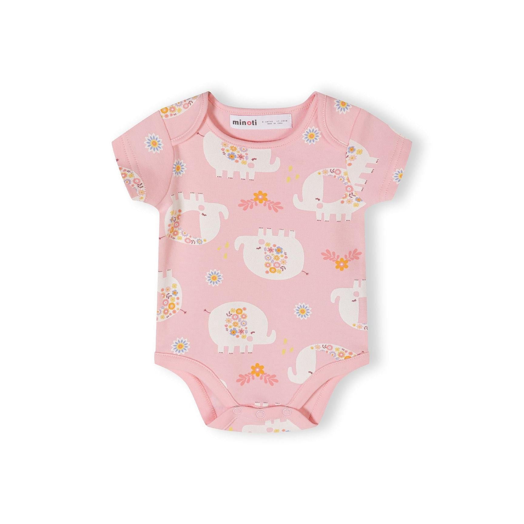 Single light pink short sleeve bodysuit with white daisy flower print pattern scattered across the fabric on white background