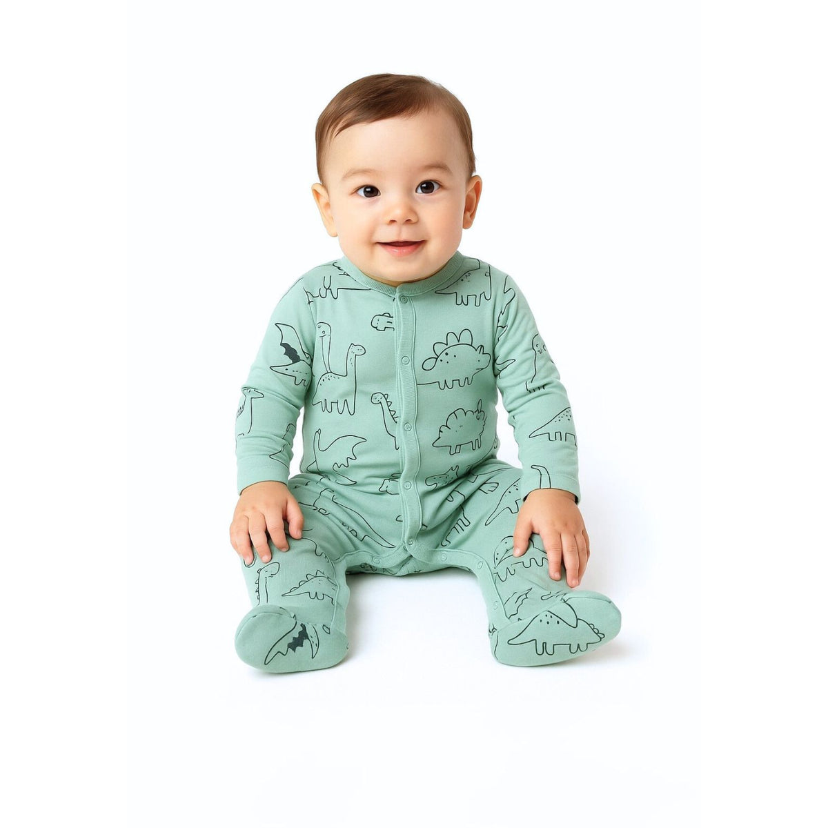 Baby sleepsuits 4-pack in mint, cream and grey marl — complete product view for square Shop card