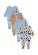 Pack of 4 boys long-sleeve sleepsuits in light blue with various prints, front view.