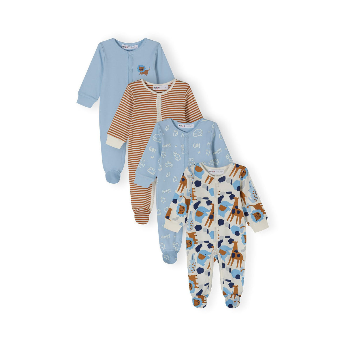 Baby sleepsuits 4-pack in blue, brown and cream — complete product view for square Shop card
