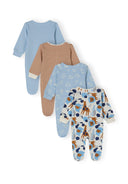Four long-sleeve boys sleepsuits in light blue, striped, and printed designs, back view.