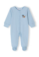 Boys sleepsuits 4-pack light blue with long sleeves built-in feet and press studs 0-24 months with lion print on chest