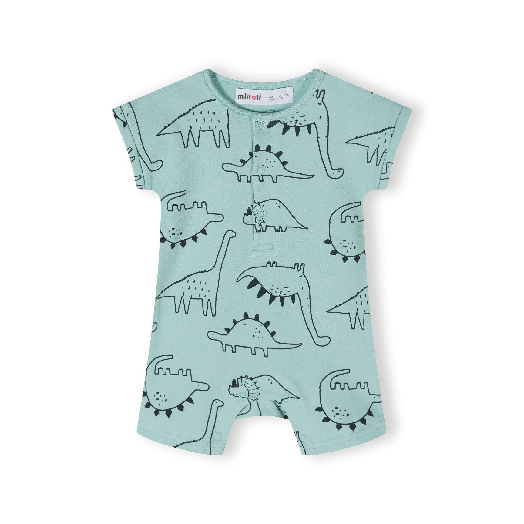 Close-up of grey baby romper with black line-drawn dinosaur patterns including long-necked dinosaurs and spiky designs on white background