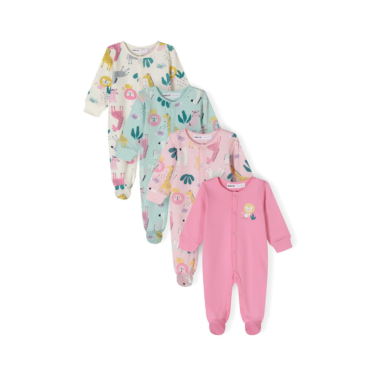 Baby sleepsuits 4-pack in cream, mint and pink — complete product view for square Shop card