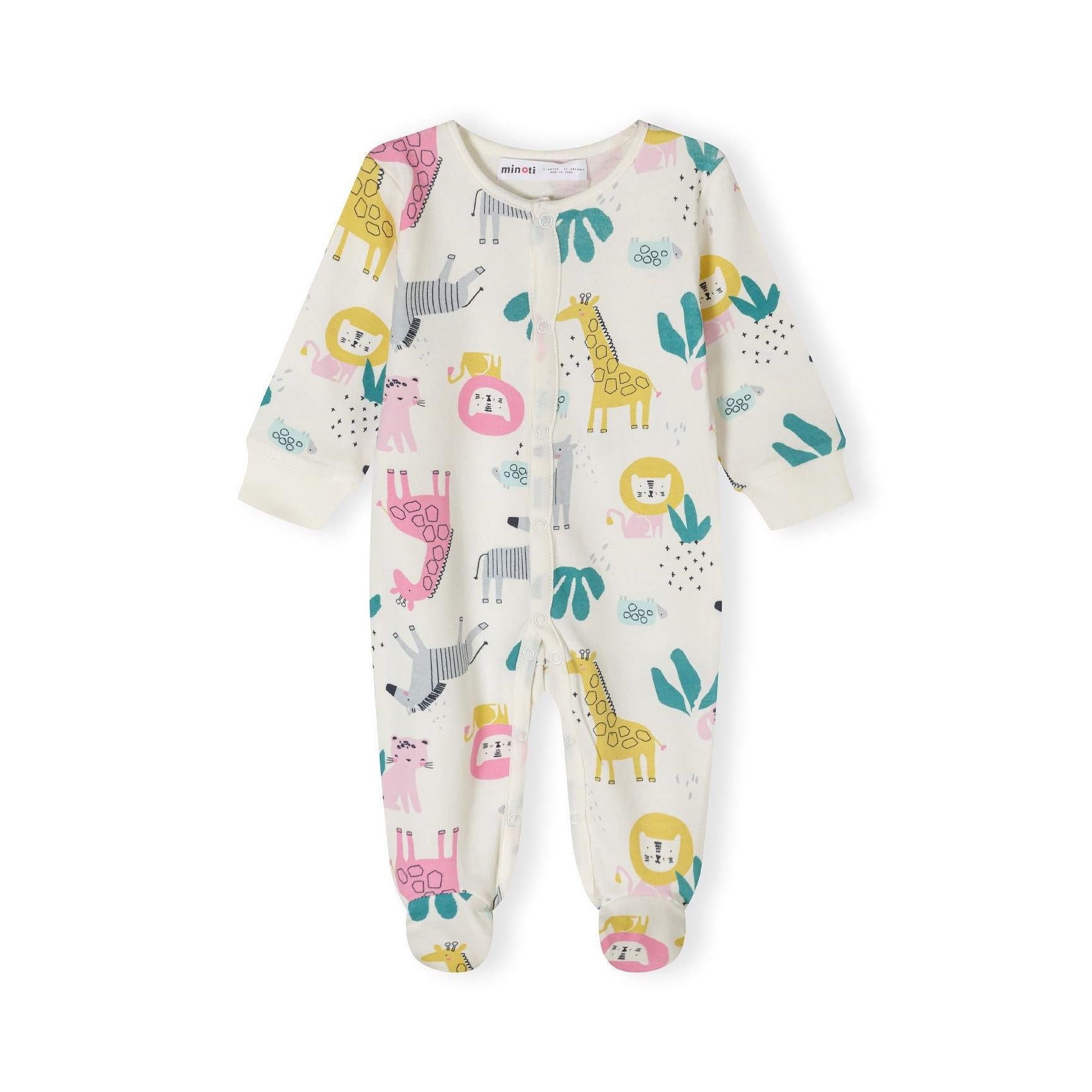 Single pink sleepsuit with snap button front opening featuring cute lion face and flower design on chest area, displayed flat against white background