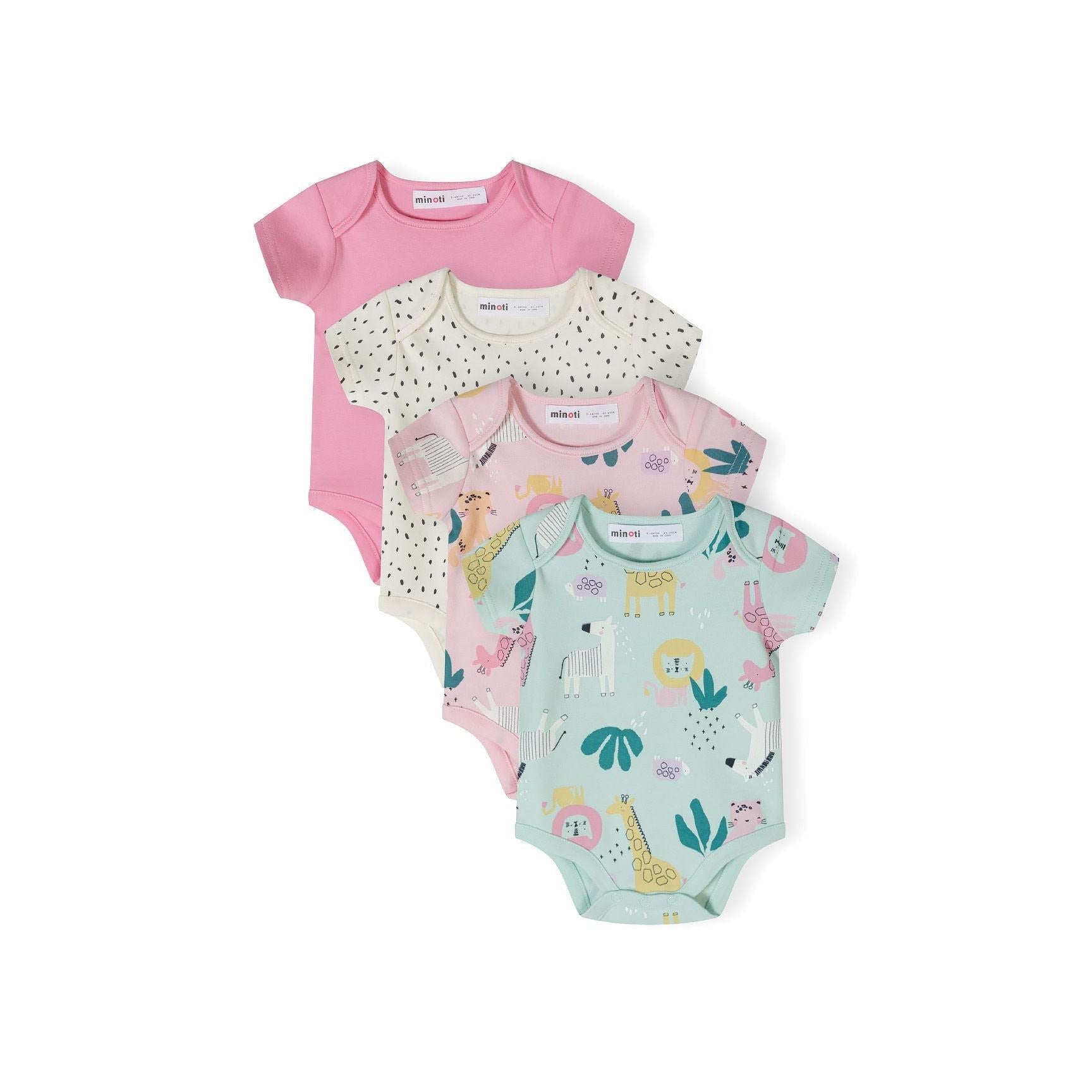 Four short sleeve bodysuits in safari animal prints arranged in a stack - mint green with jungle animals, pink with safari creatures, cream with black polka dots, and solid pink