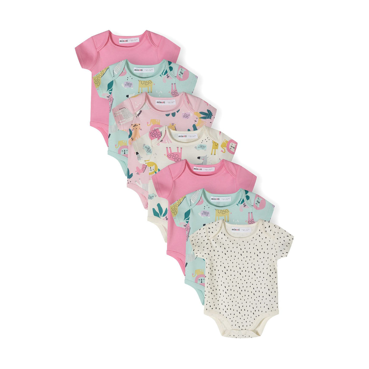 Baby short-sleeved bodysuits 7-pack in pink, mint and cream — complete product view for square Shop card