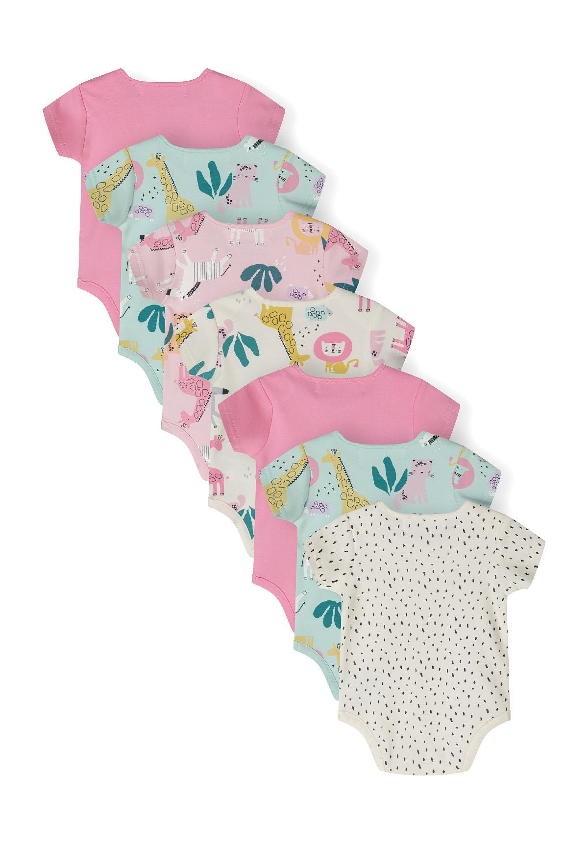 Seven-pack of girls' short sleeve bodysuits in various prints, featuring envelope shoulders and press-studs.