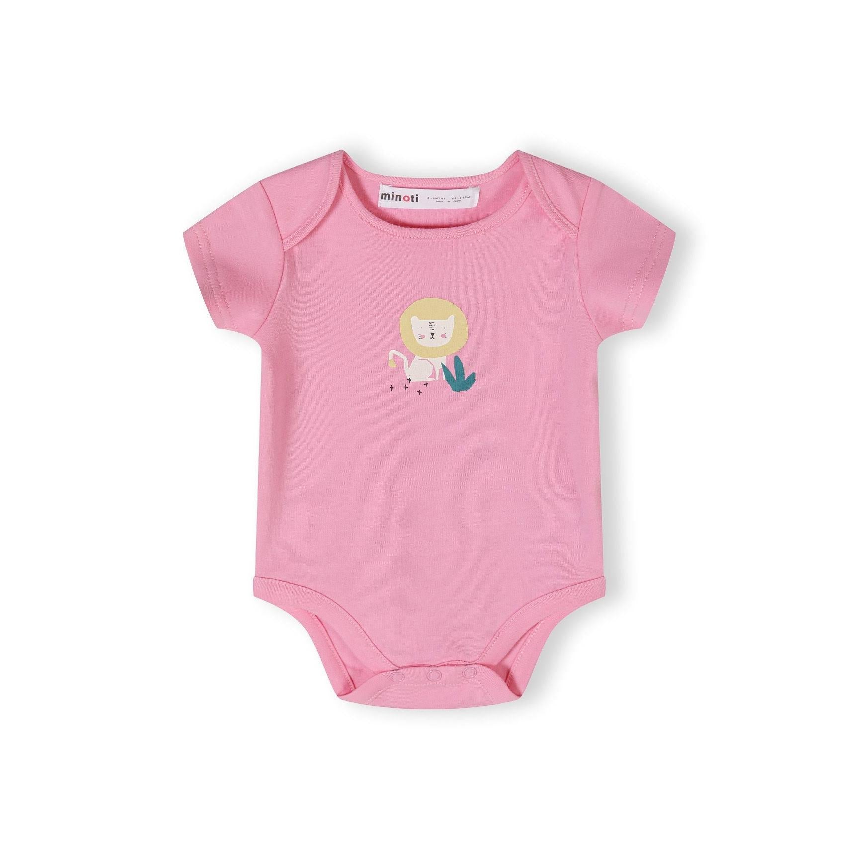 Single mint green bodysuit with safari animal print featuring giraffes, zebras, lions and tropical botanical elements displayed on white background