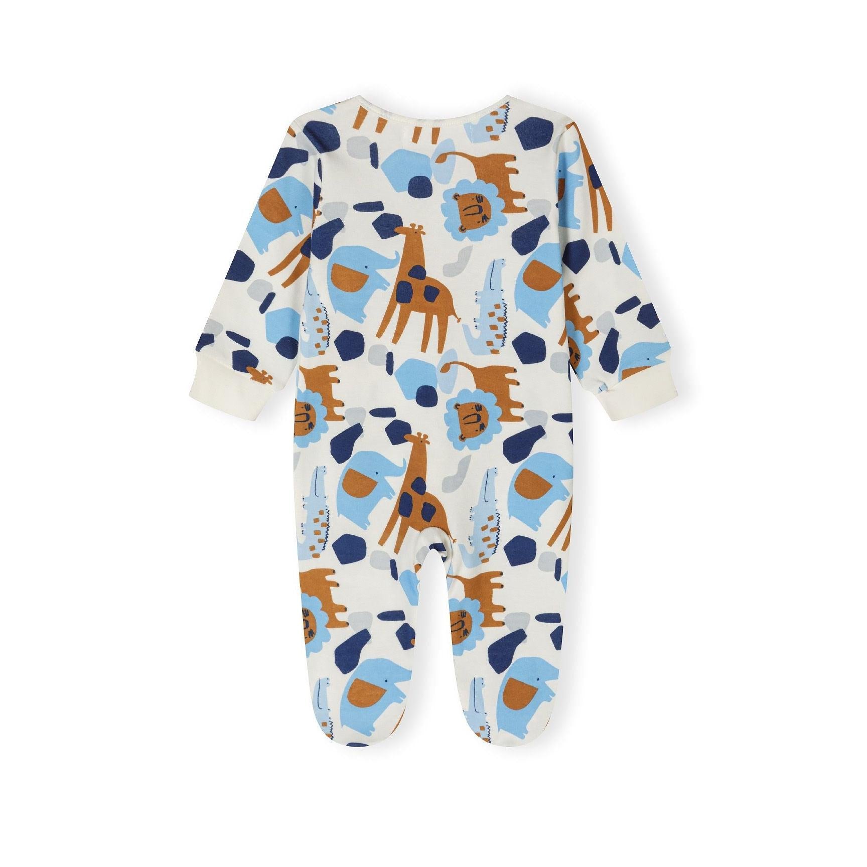 Back view of white sleepsuit with safari animal print pattern showing elephants, giraffes, lions and abstract shapes in blue, brown and navy colors