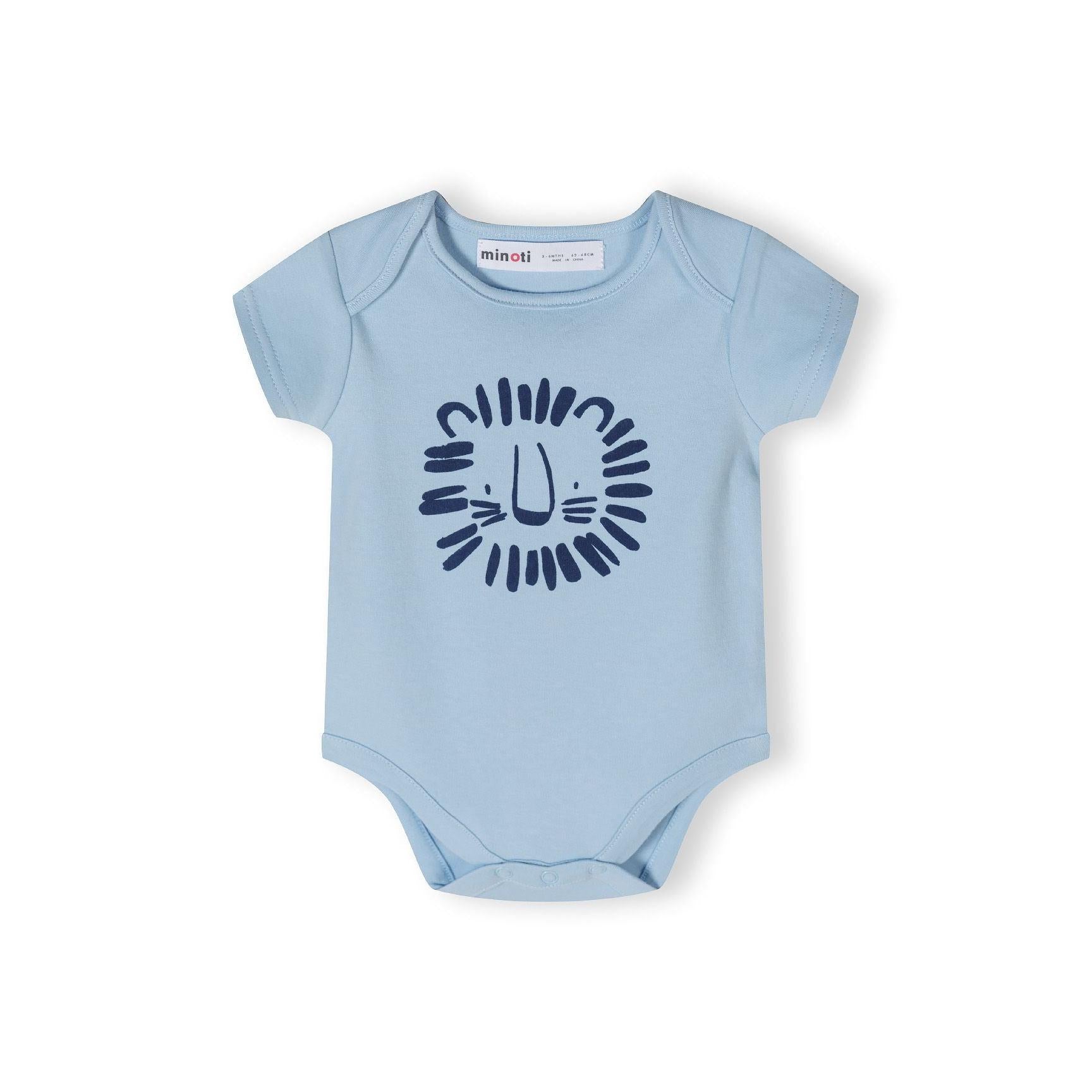 Close-up view of cream bodysuit with all-over safari animal print featuring elephants, giraffes, lions and abstract shapes in blue and orange colors