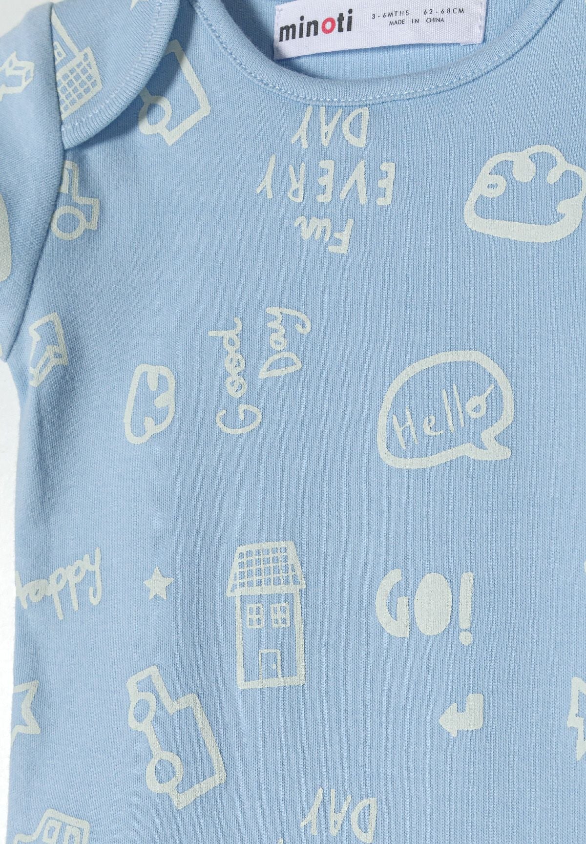 Light blue and cream short-sleeved bodysuits, blue doodle detail.