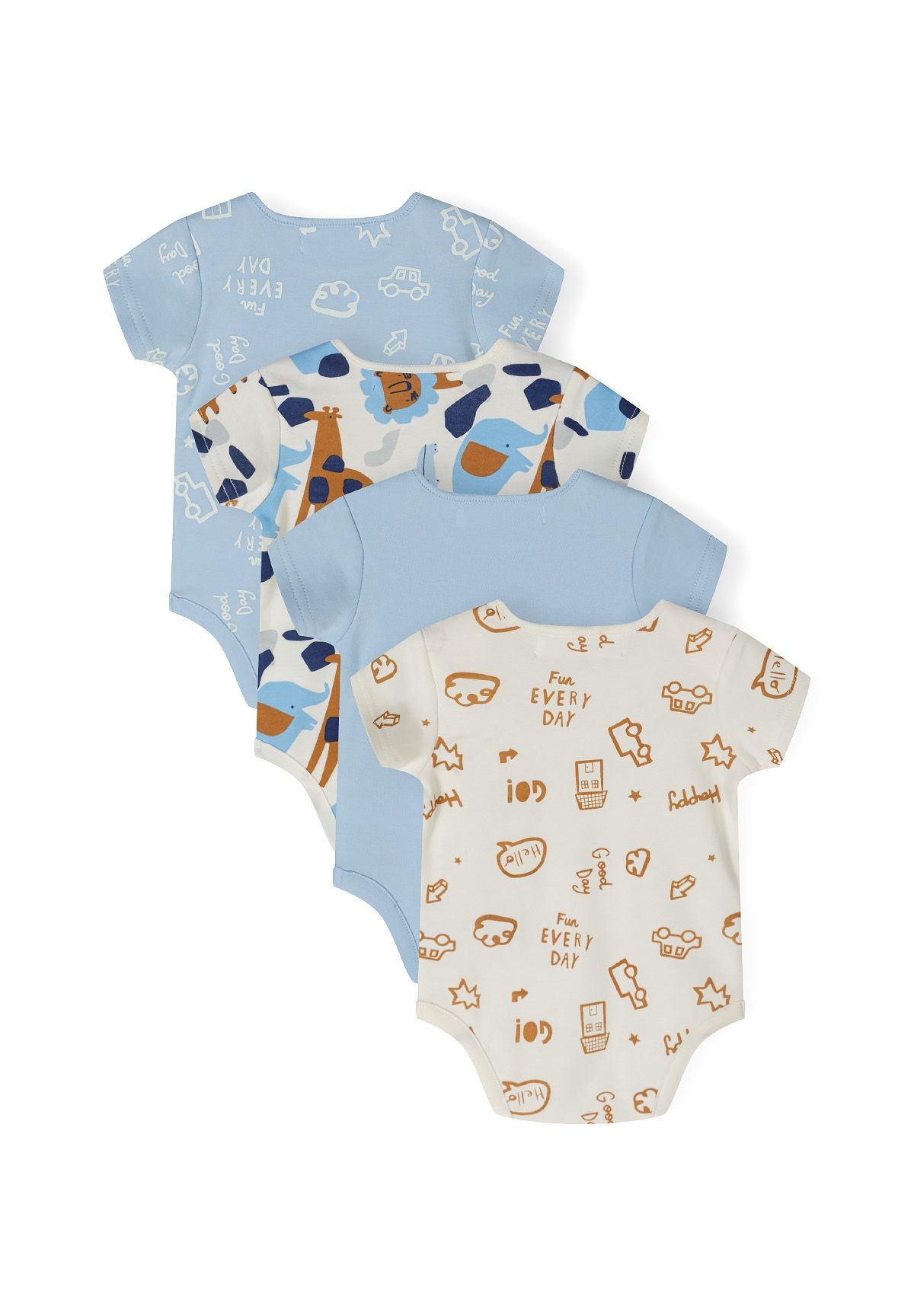 Light blue and cream short-sleeved bodysuits, four bodysuits back.