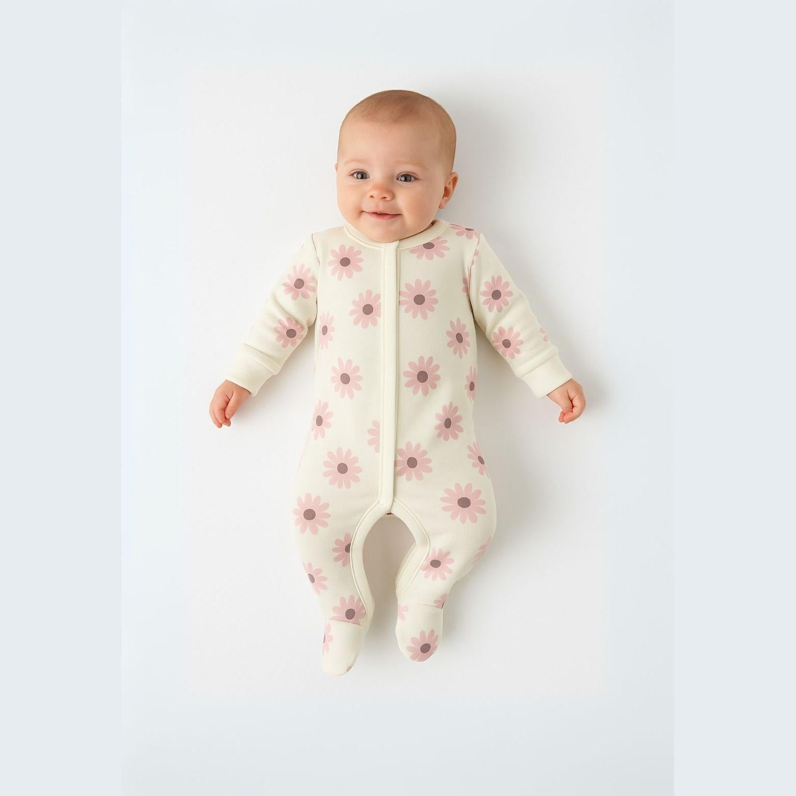 Baby wearing cream sleepsuit with pink daisy floral print, full front zip and integrated feet, lying on white background