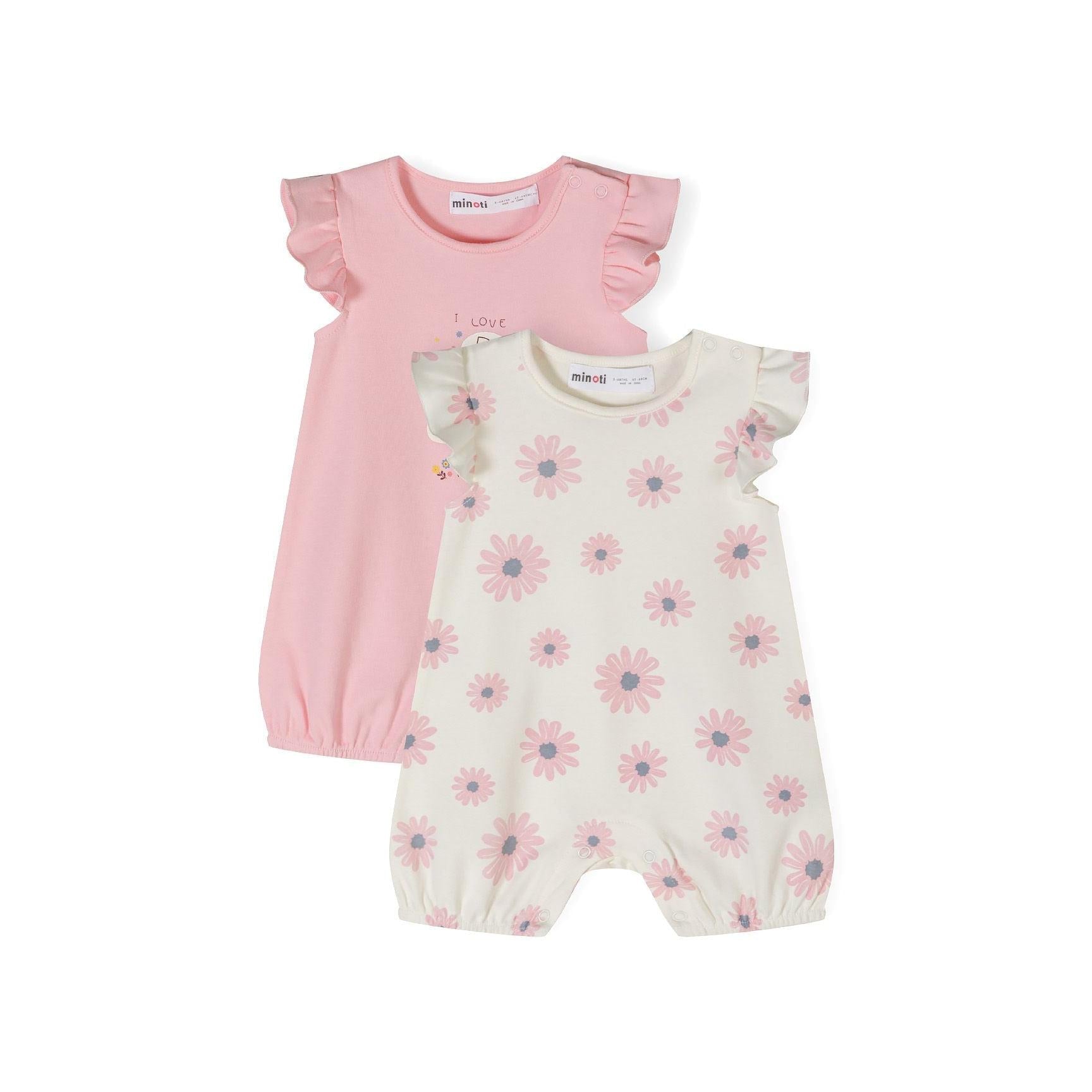 Two baby rompers displayed on white background - one light pink with elephant family print, one cream with daisy pattern, both featuring frill sleeves