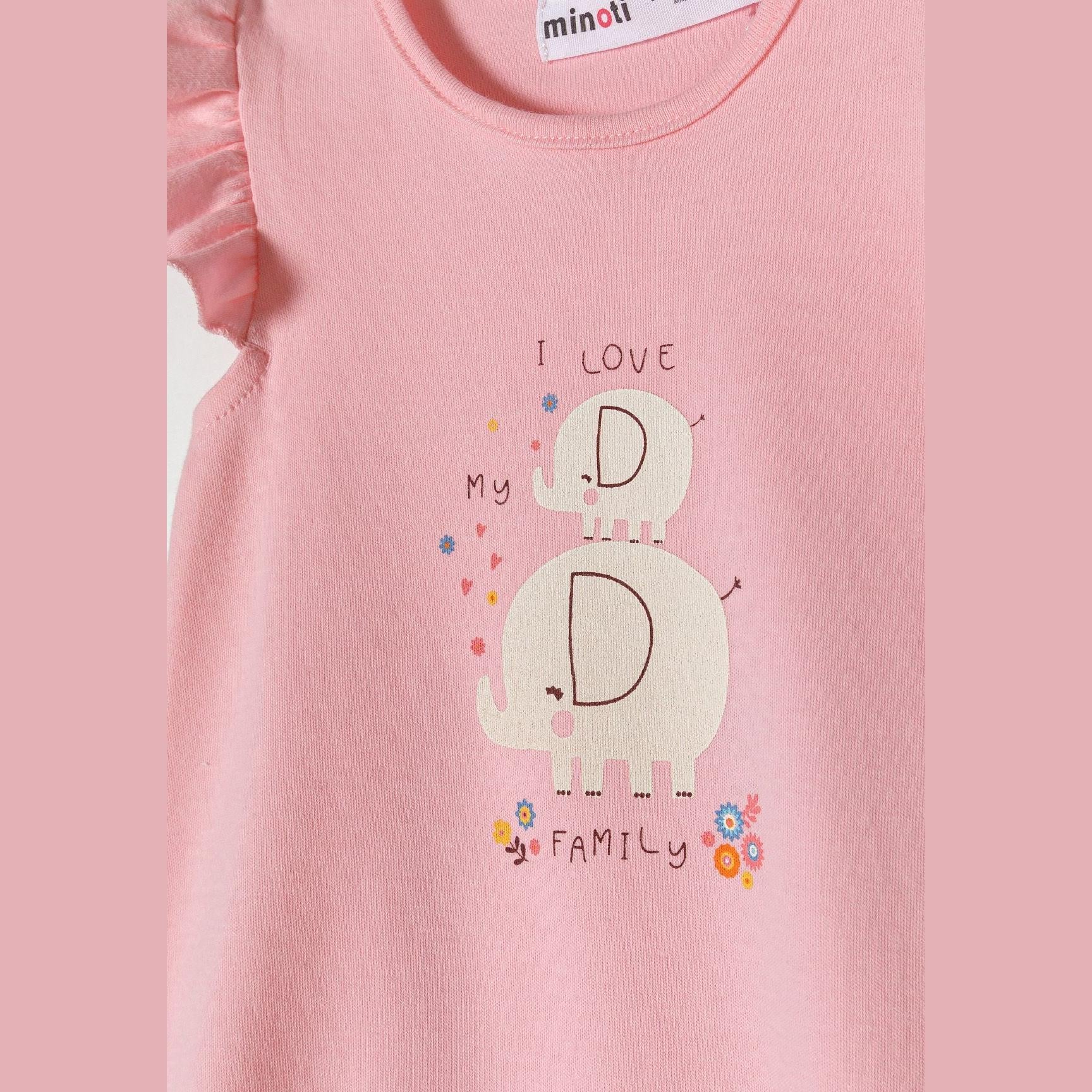 Detail shot of light pink romper showing elephant family print with 'I Love My Family' text and colorful flower accents on pink fabric