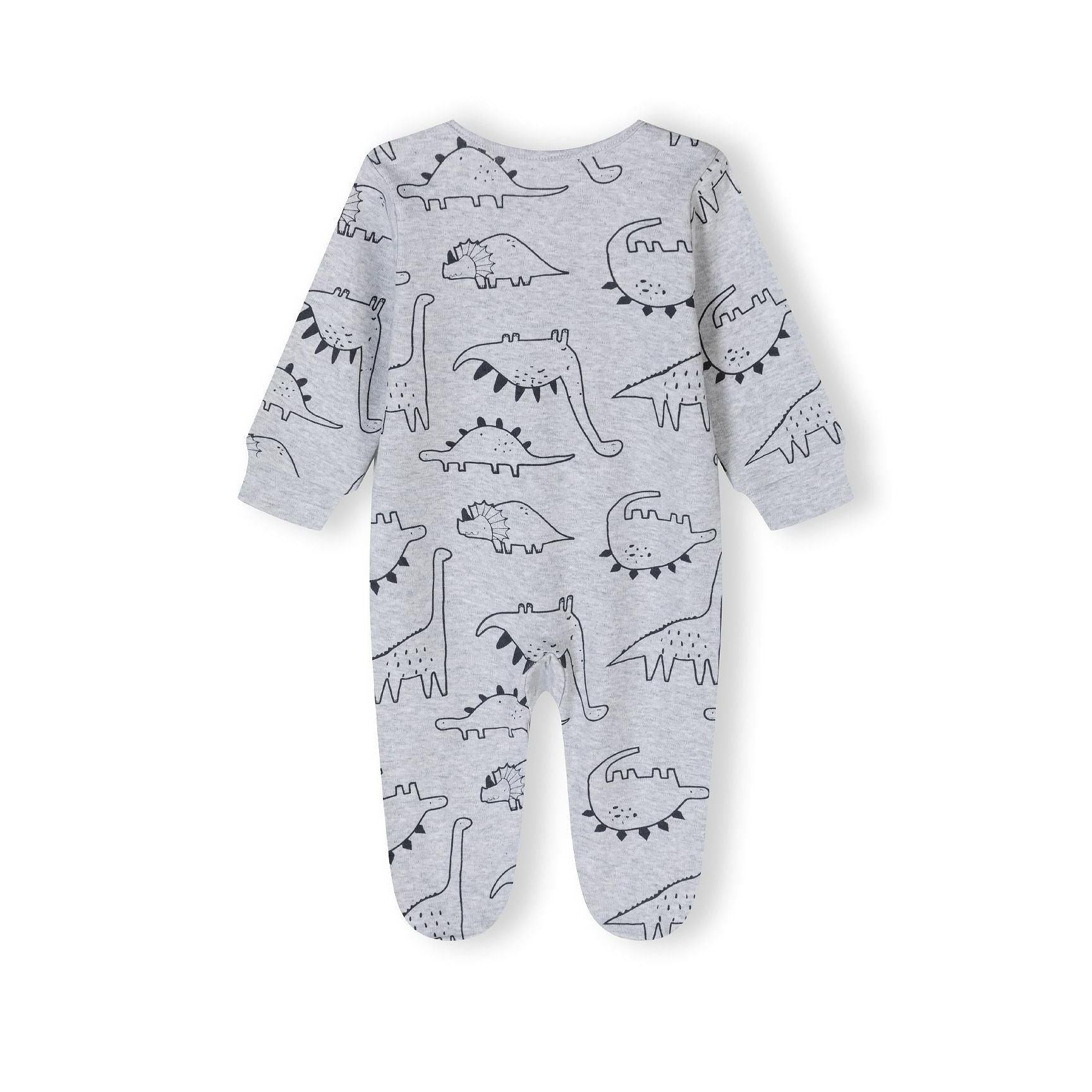 Close-up of mint sleepsuit front showing white dinosaur graphic and be brave text