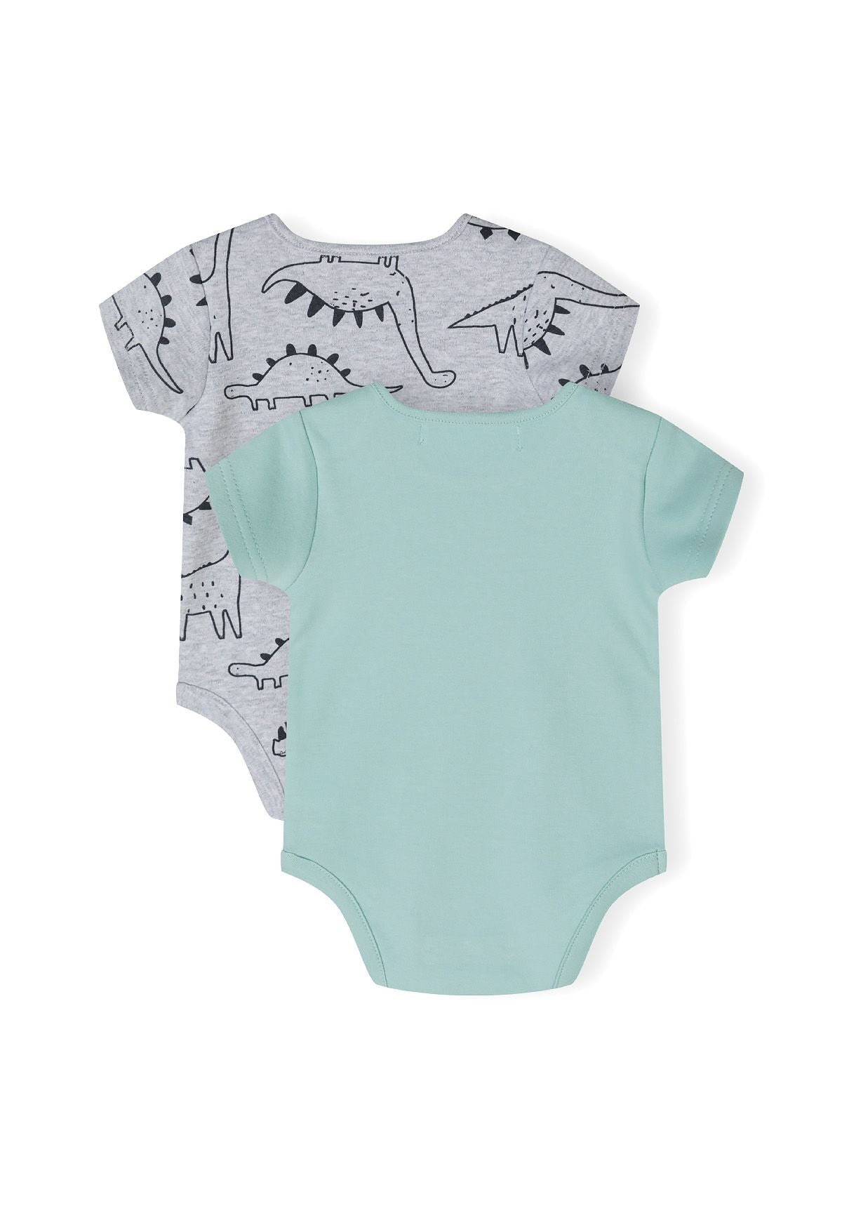 Two short sleeve bodysuits for boys, one grey with dinosaur prints, one mint green, front view.