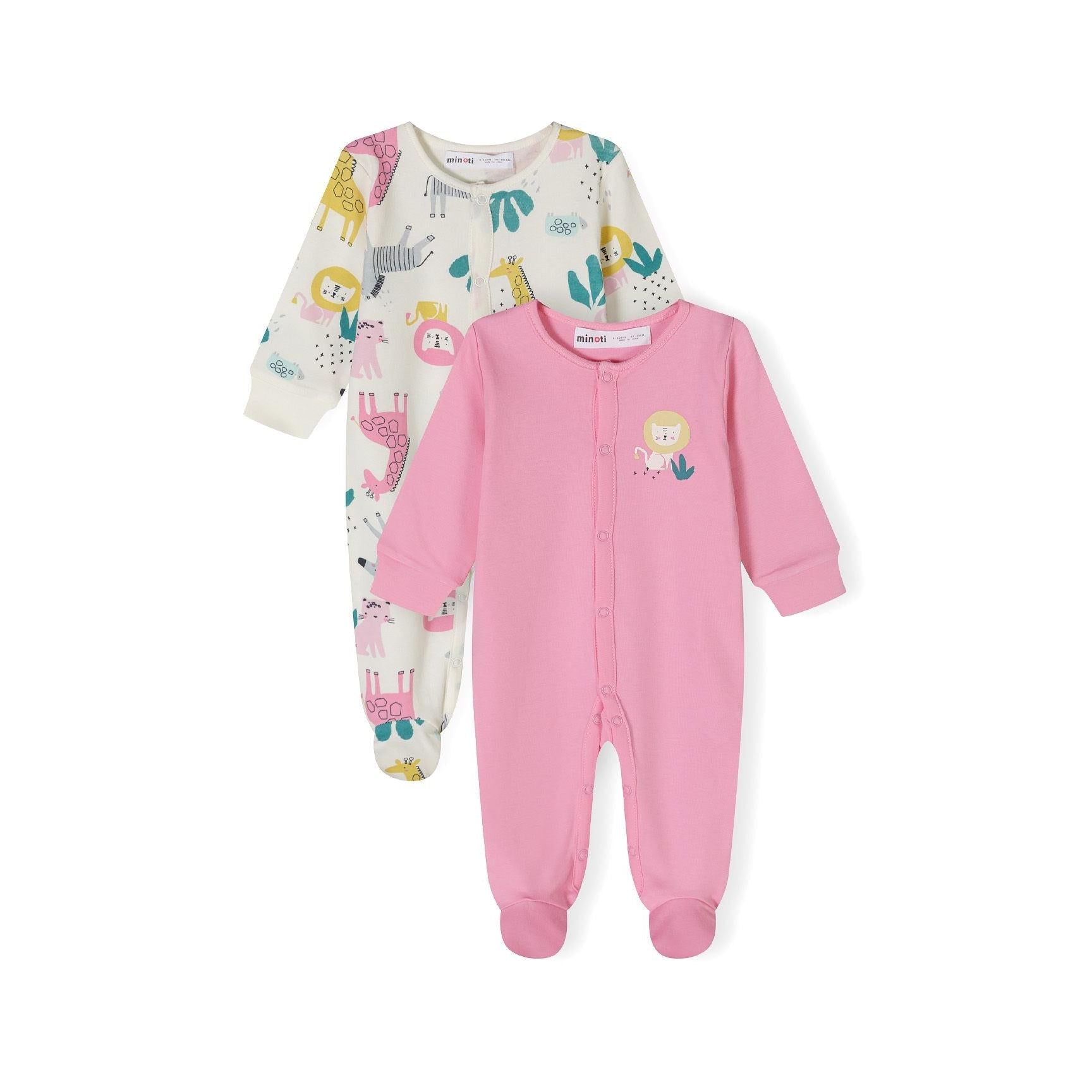 Pink baby sleepsuit laid flat showing lion character and snap button closure