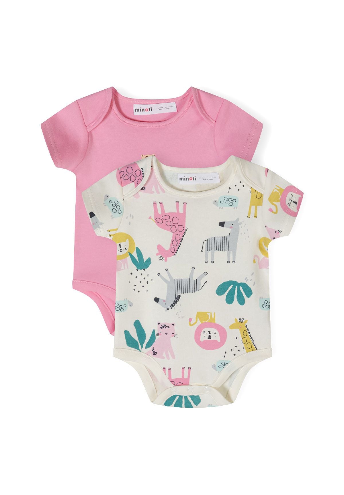 Pink and cream short-sleeved bodysuits, two bodysuits front.