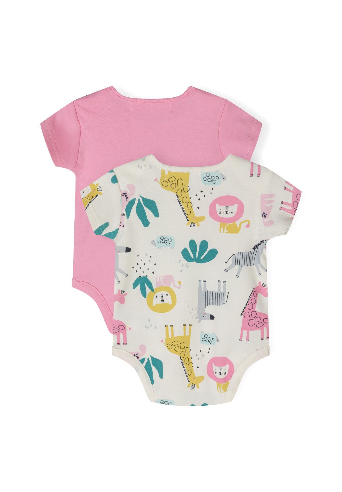 Two-pack of girls short sleeve bodysuits, one pink and one with animal print, back view.