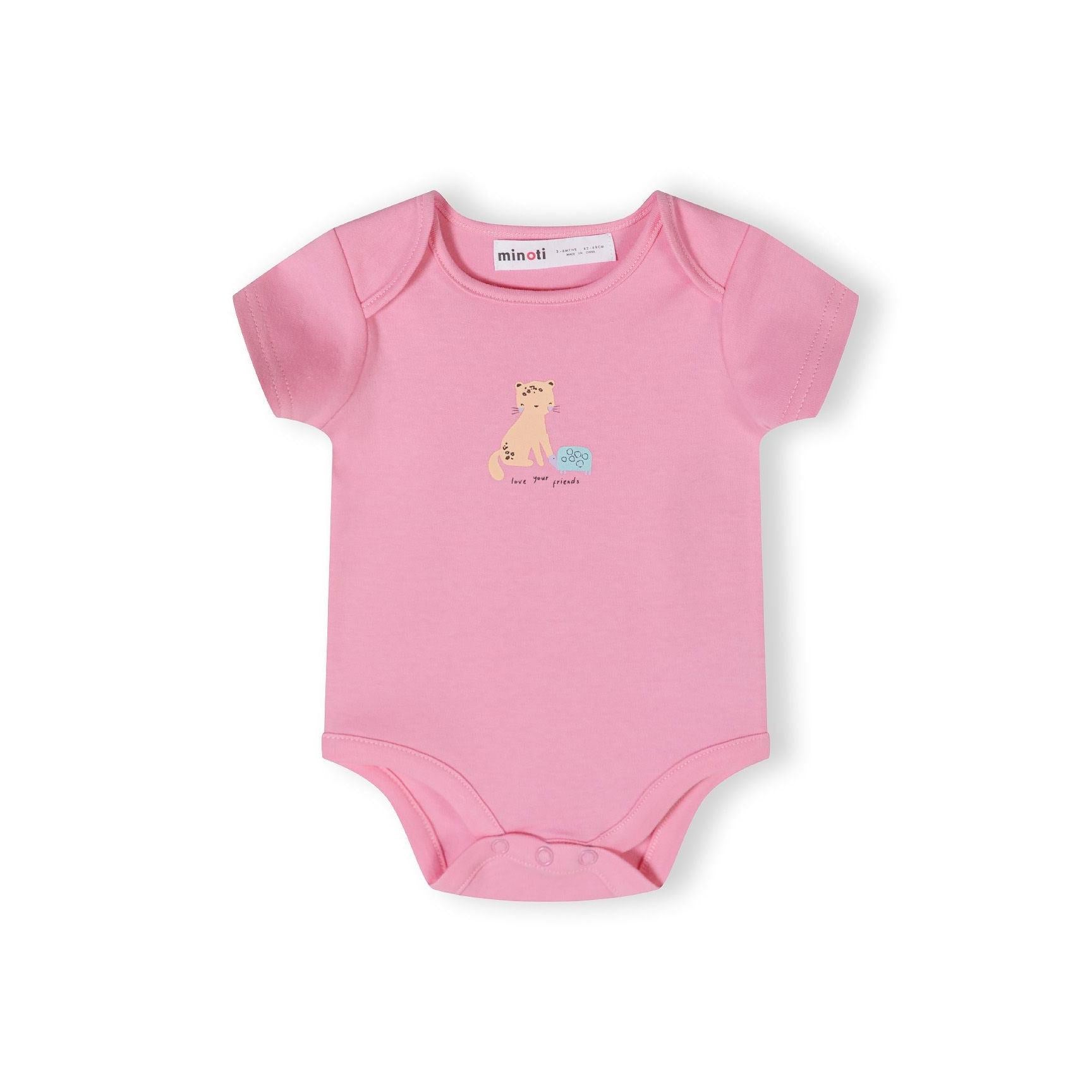 Close-up front view of cream coloured bodysuit with colourful safari animals including giraffes, elephants, and tropical leaves print