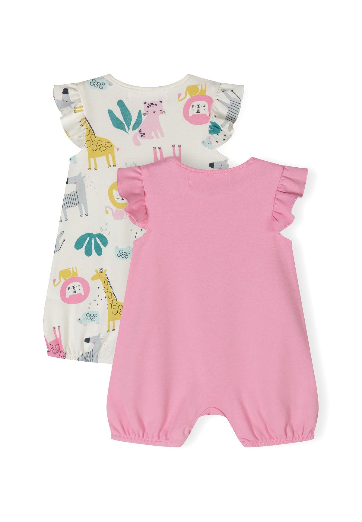 Two girls' rompers with frill sleeves, one patterned and one pink, back view.