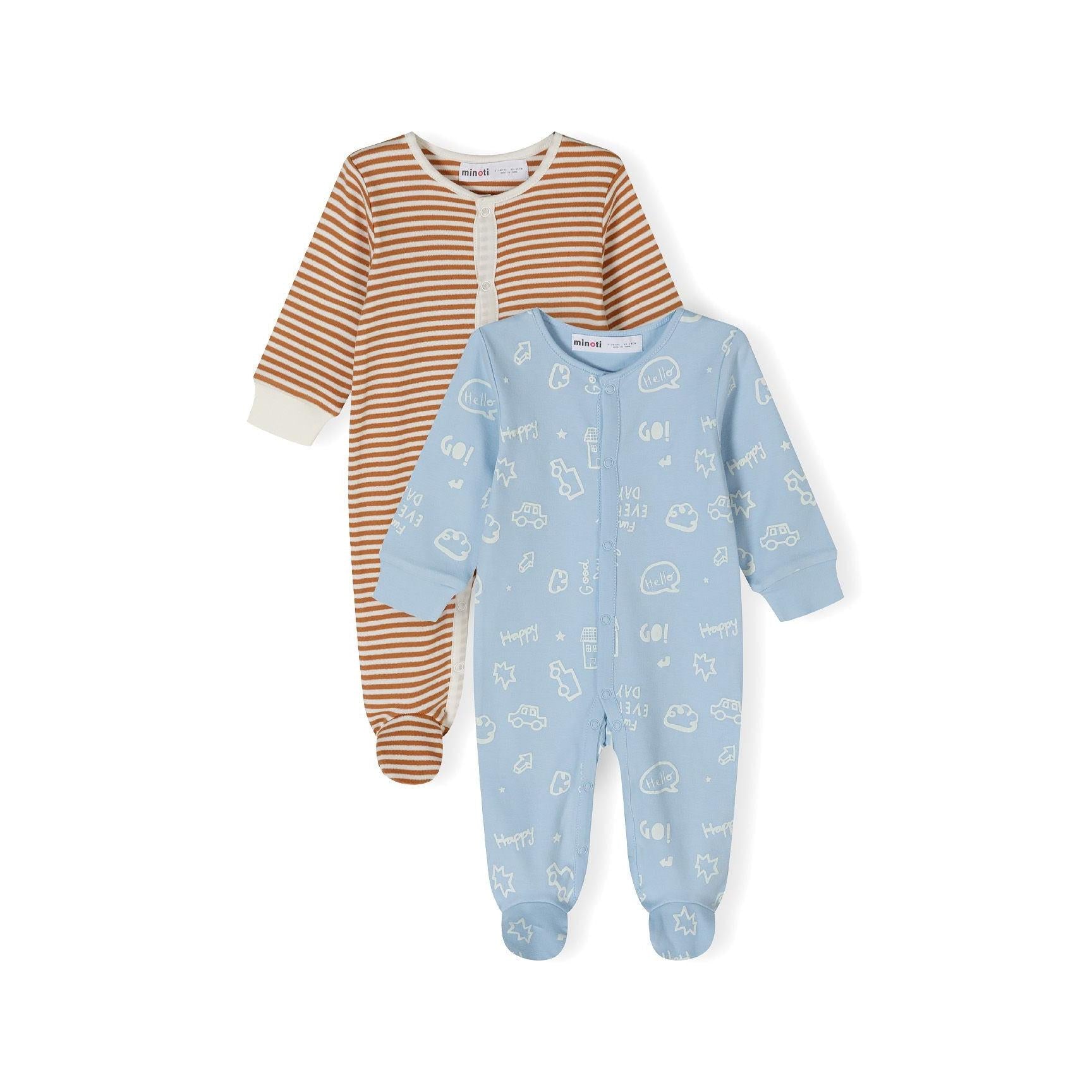 Blue baby sleepsuit with all-over white text print laid flat on white background