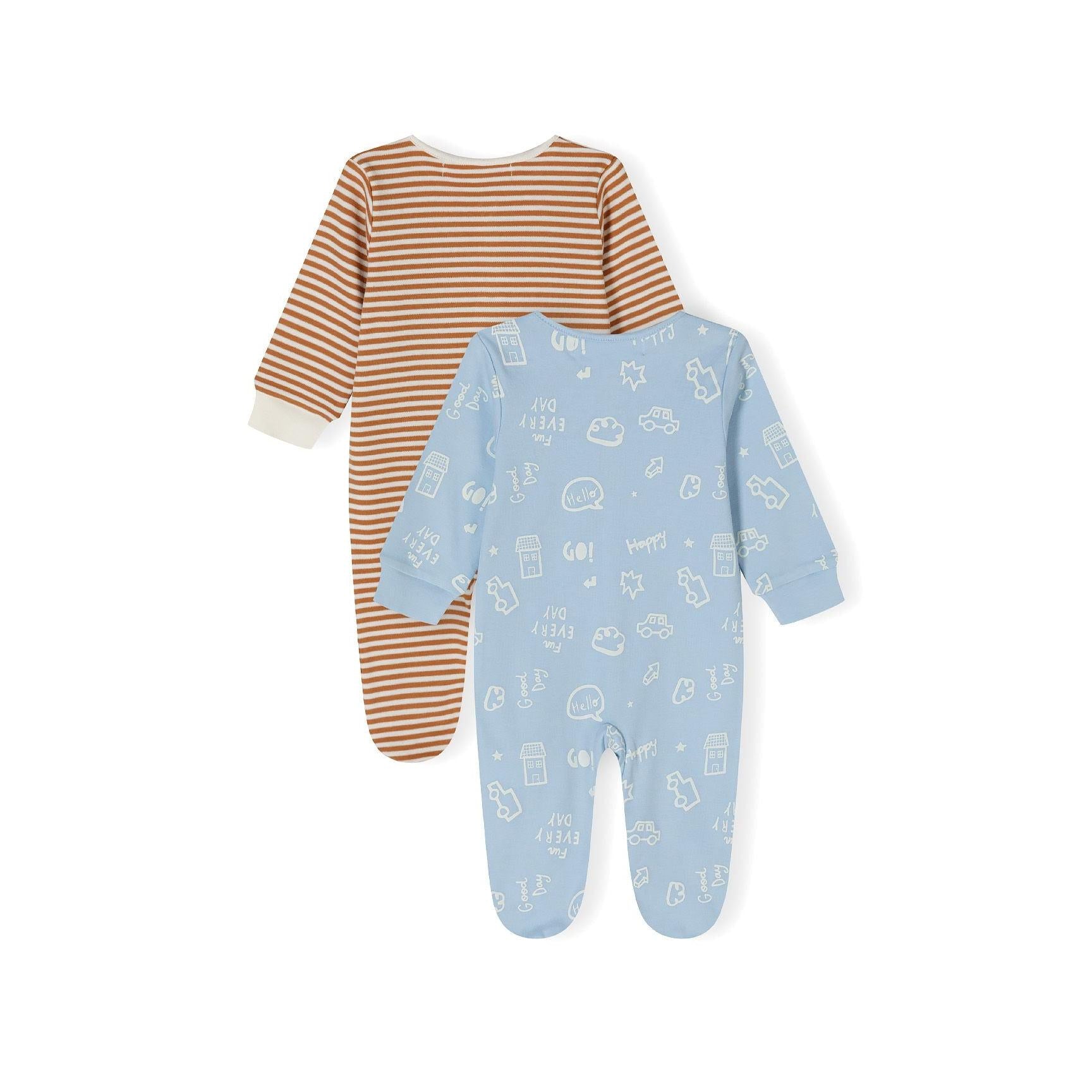 Brown and white striped baby sleepsuit with long sleeves laid flat on white background