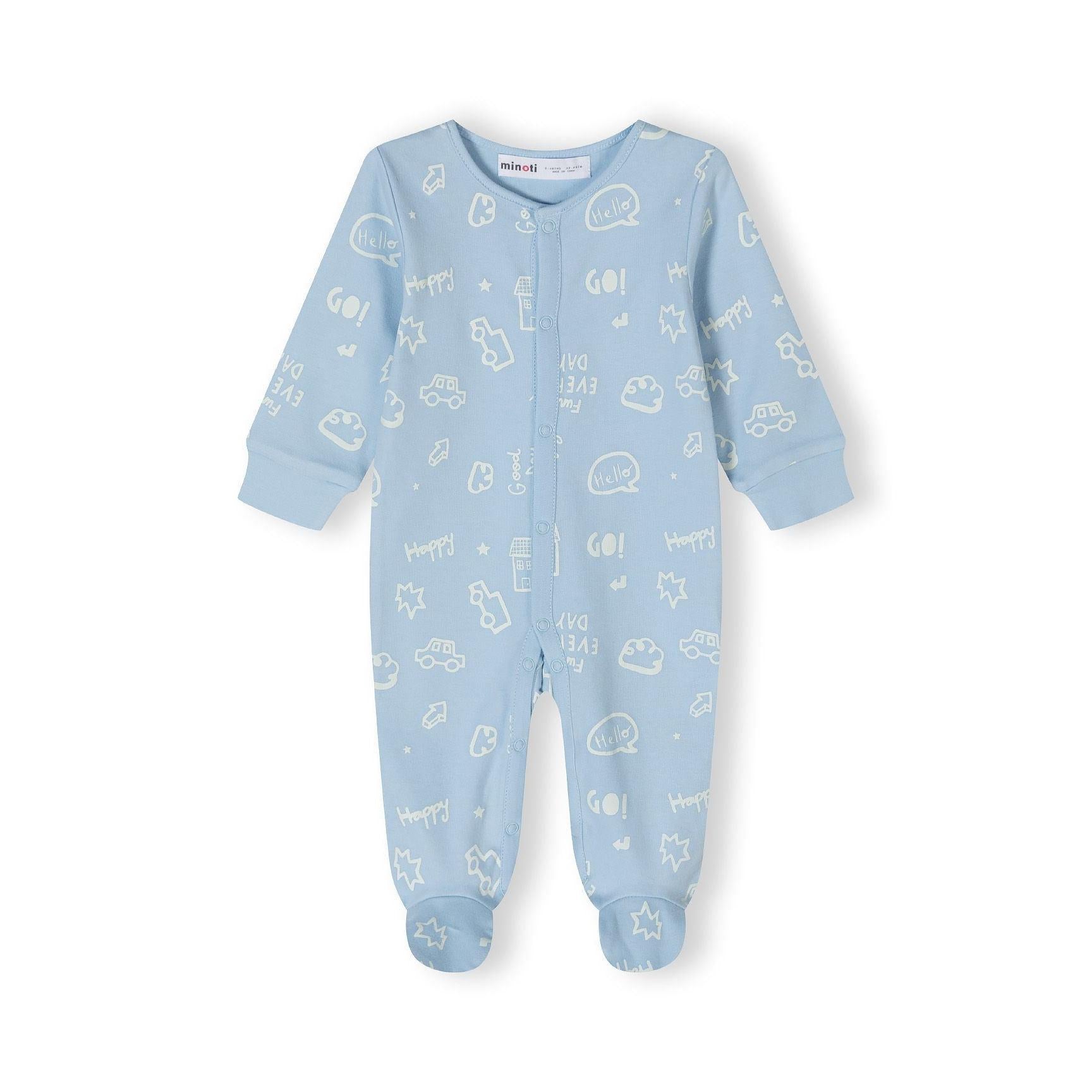Blue baby sleepsuit with all-over white text print laid flat on white background