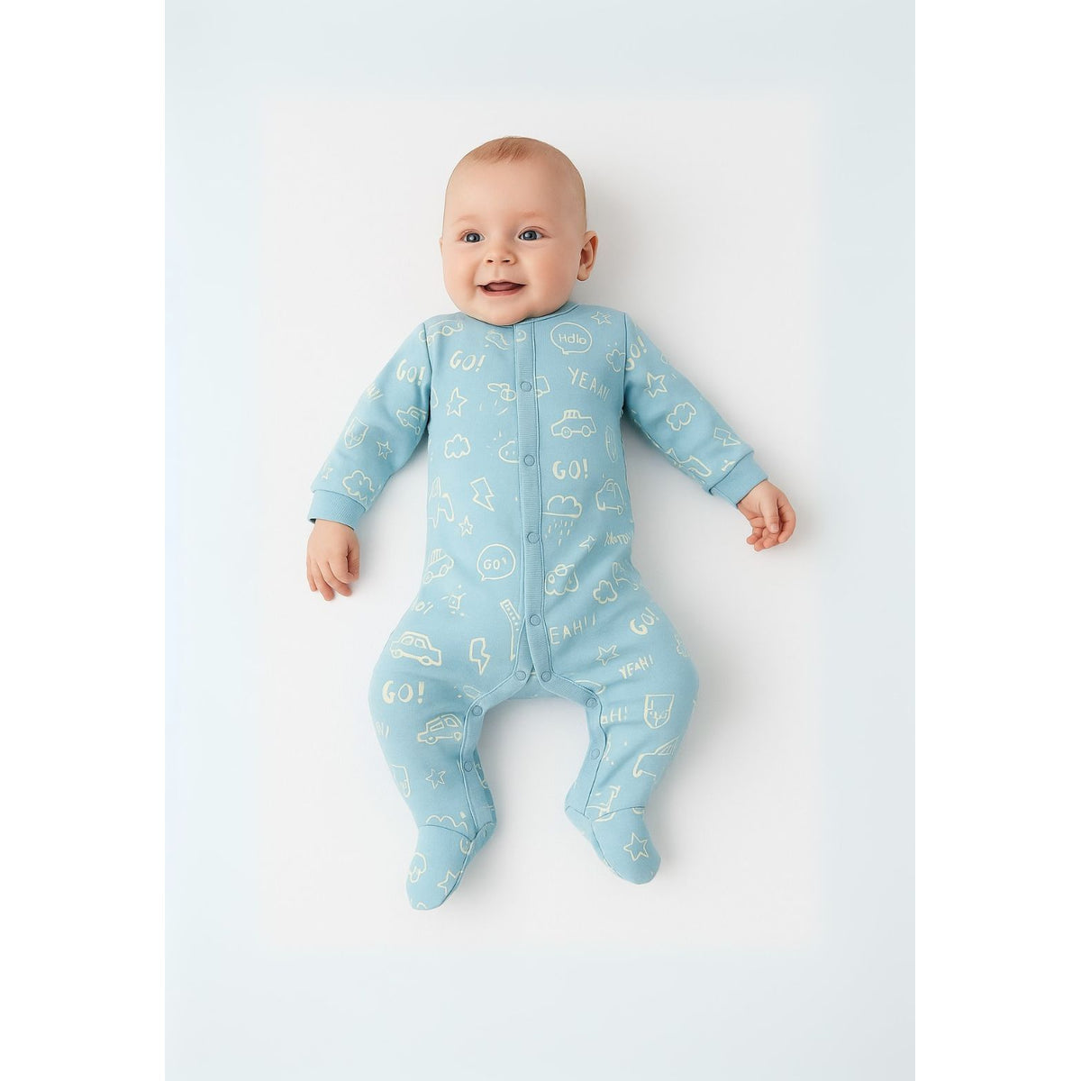 Baby sleepsuits 2-pack in brown, cream and light blue — complete product view for square Shop card