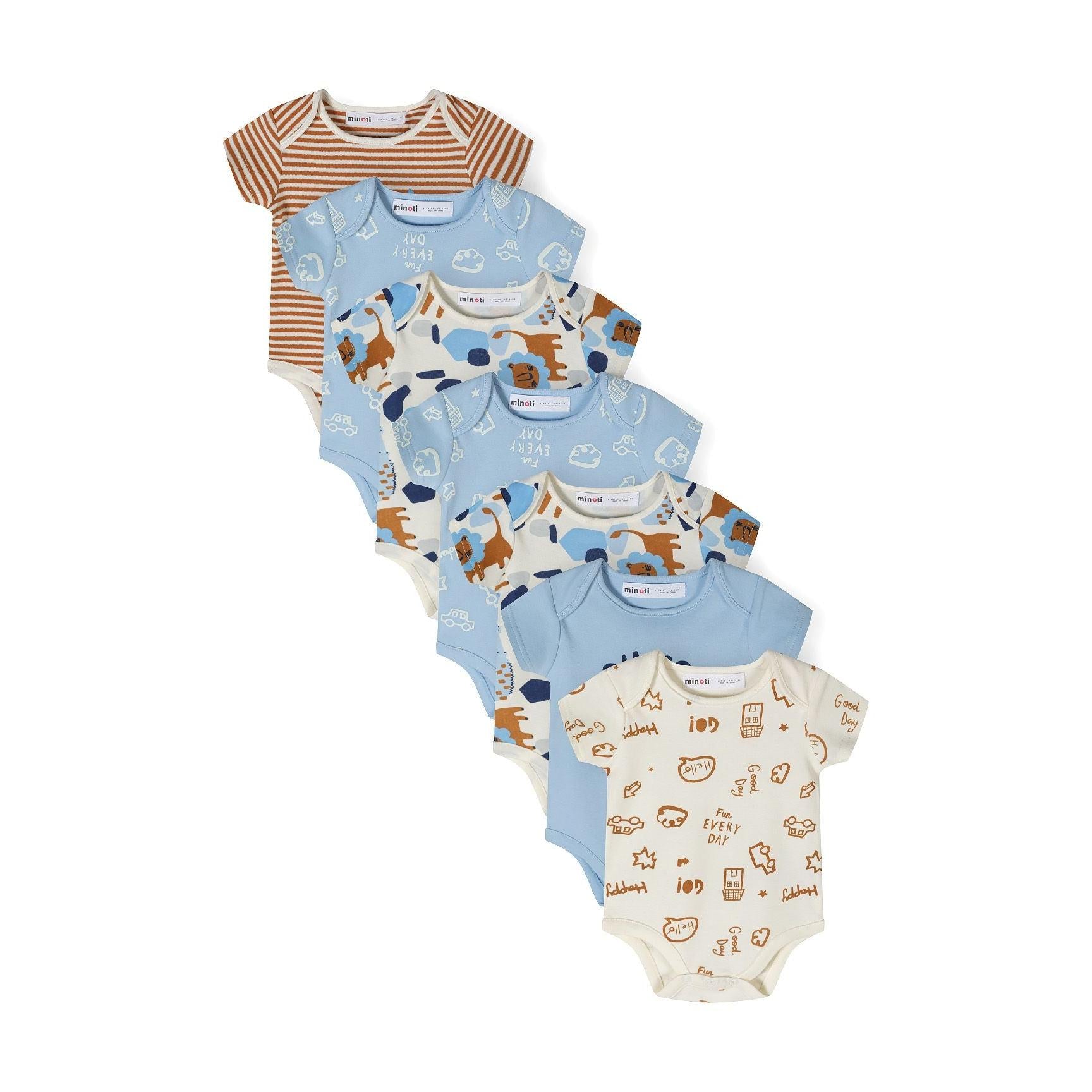Seven short sleeve bodysuits arranged in a fan display showing various patterns including striped, animal print, and themed designs in light blue, cream and brown colour palette