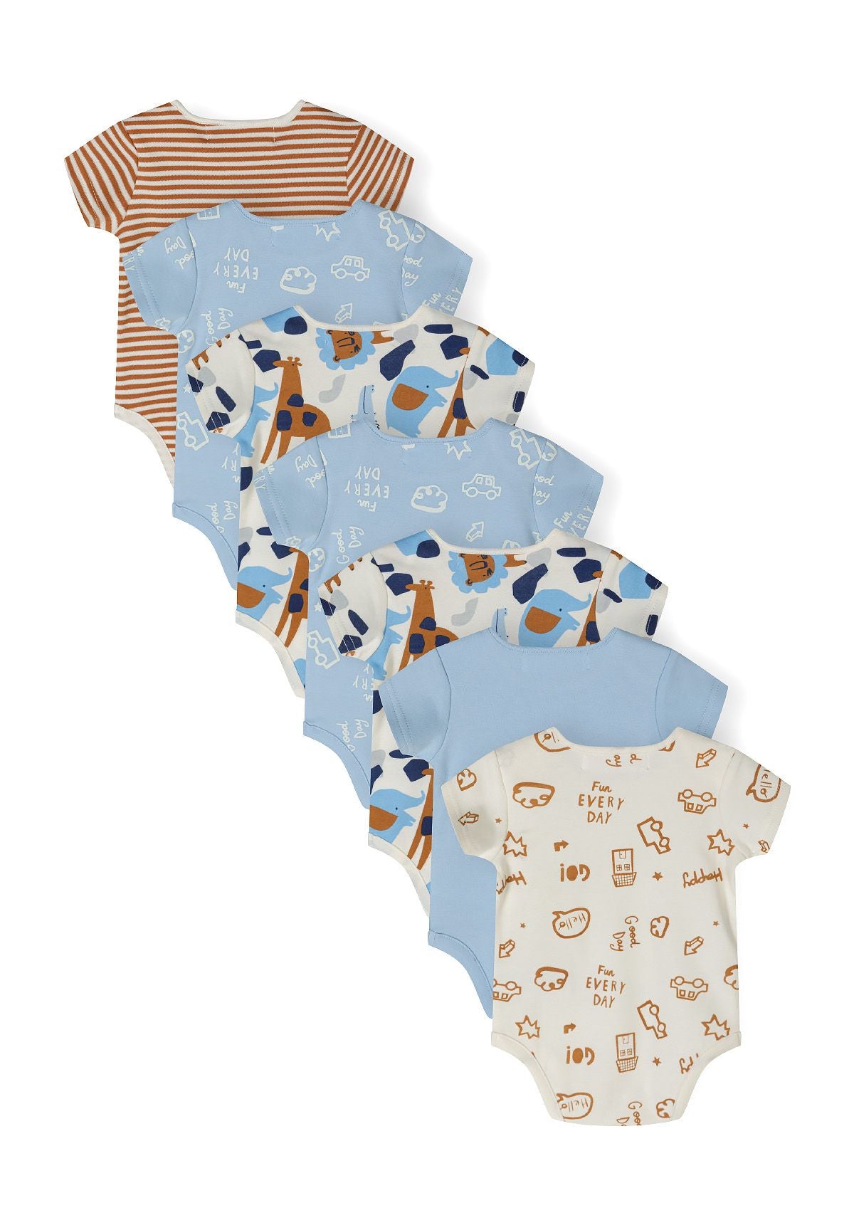 Light blue, cream and brown short-sleeved bodysuits, seven bodysuits back.
