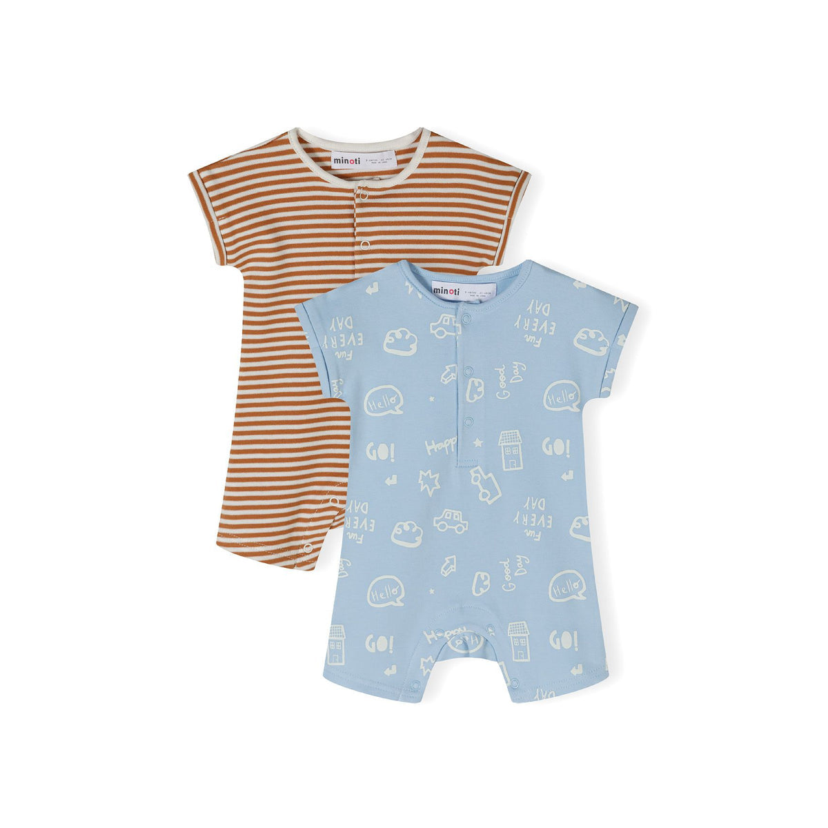 Baby rompers 2-pack in brown, cream and light blue — complete product view for square Shop card