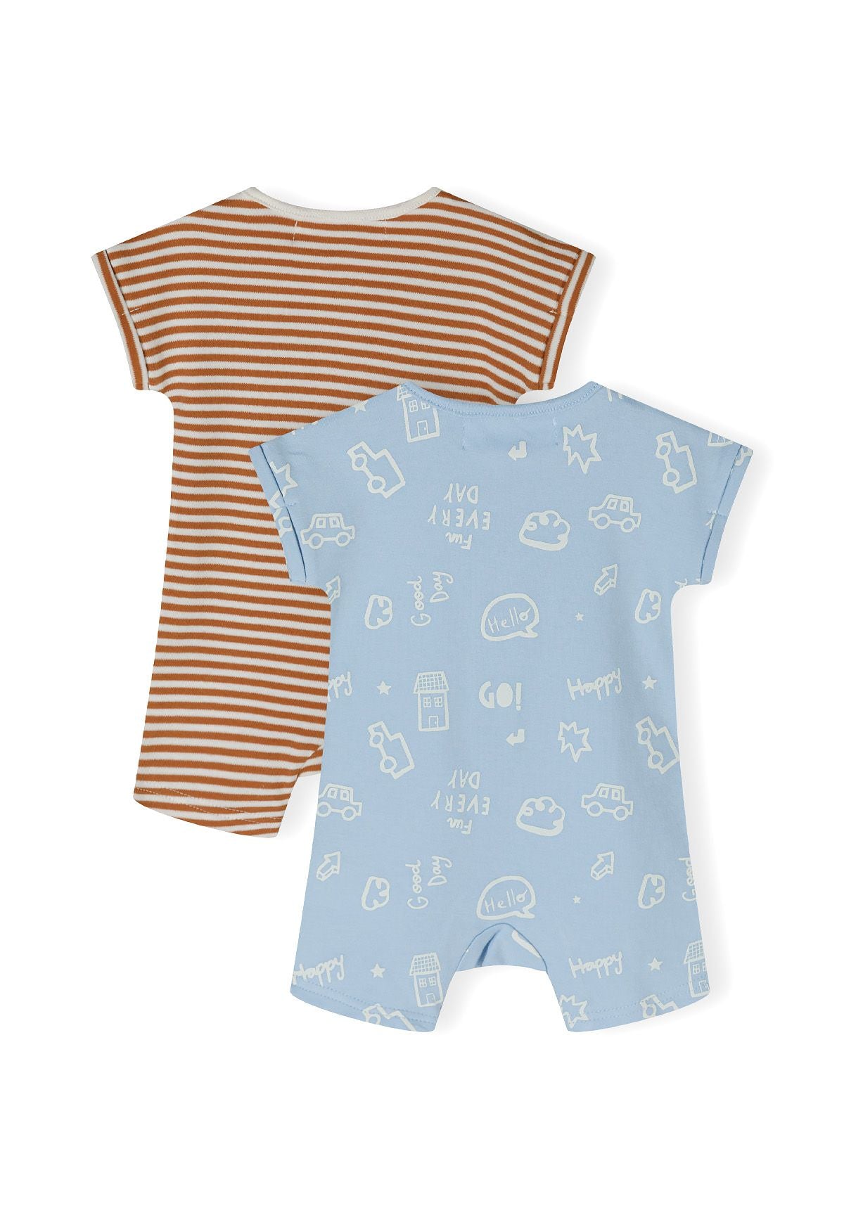 Boys short sleeve rompers in beige and blue, featuring striped and printed designs, back view.