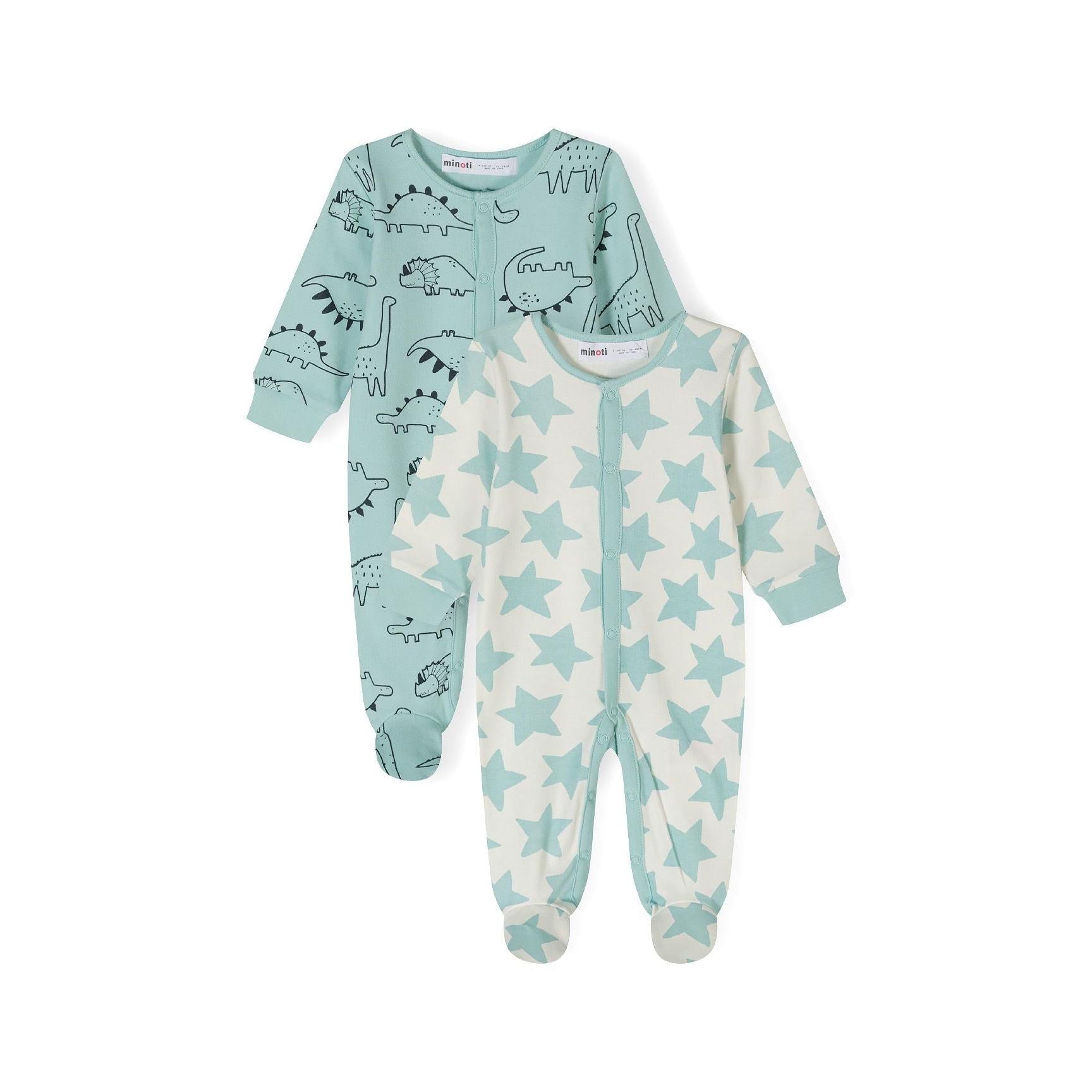 Mint star print sleepsuit flat lay showing full design with footed bottom and snap closure