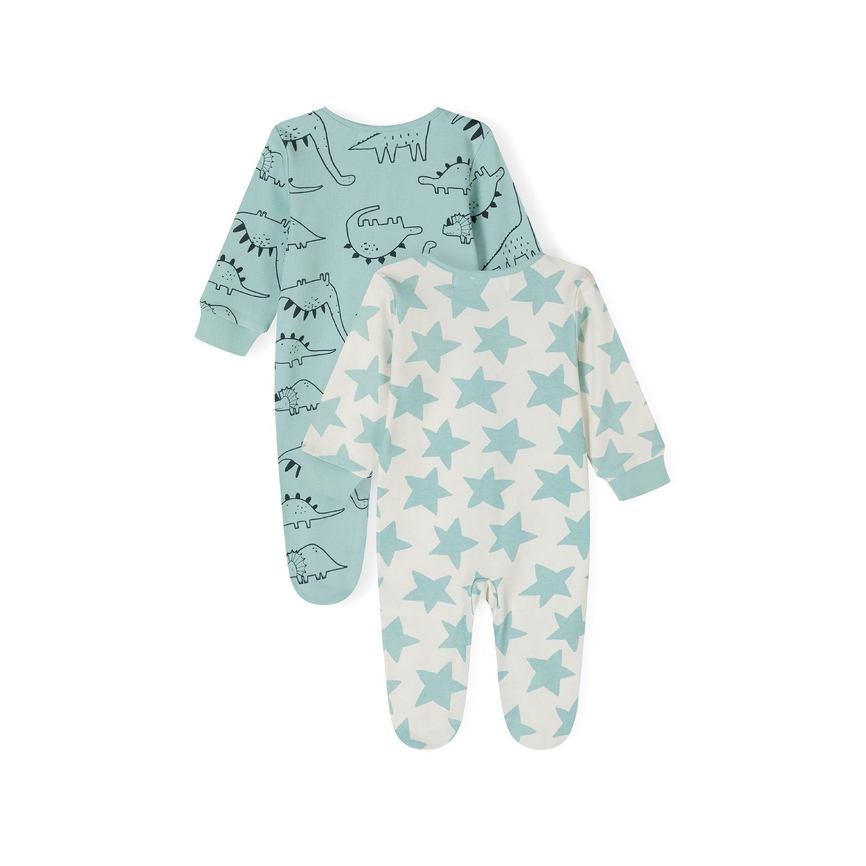 Close-up detail of mint sleepsuit with black dinosaur print pattern and snap button closure