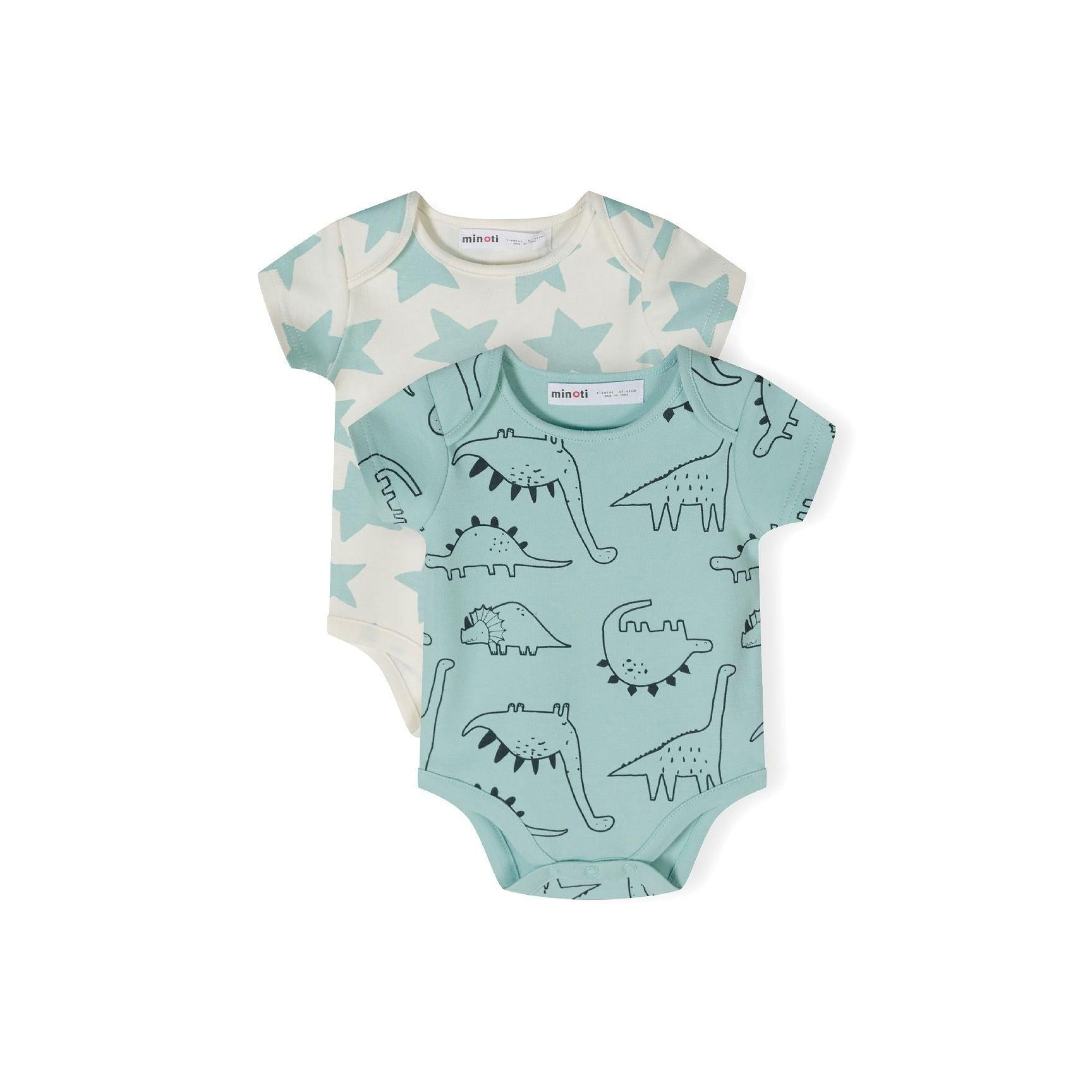 Two mint green cotton bodysuits displayed against white background - one with tonal star print, one with black dinosaur illustrations