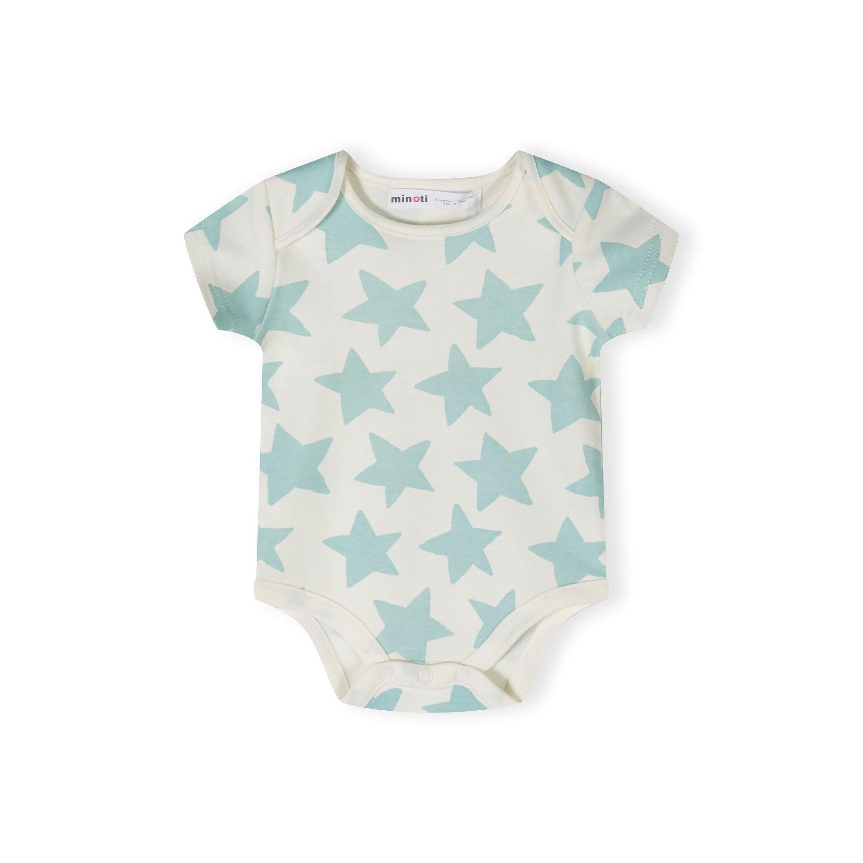 Single mint green bodysuit with black dinosaur print shown flat against white background, displaying envelope neckline and snap fastenings