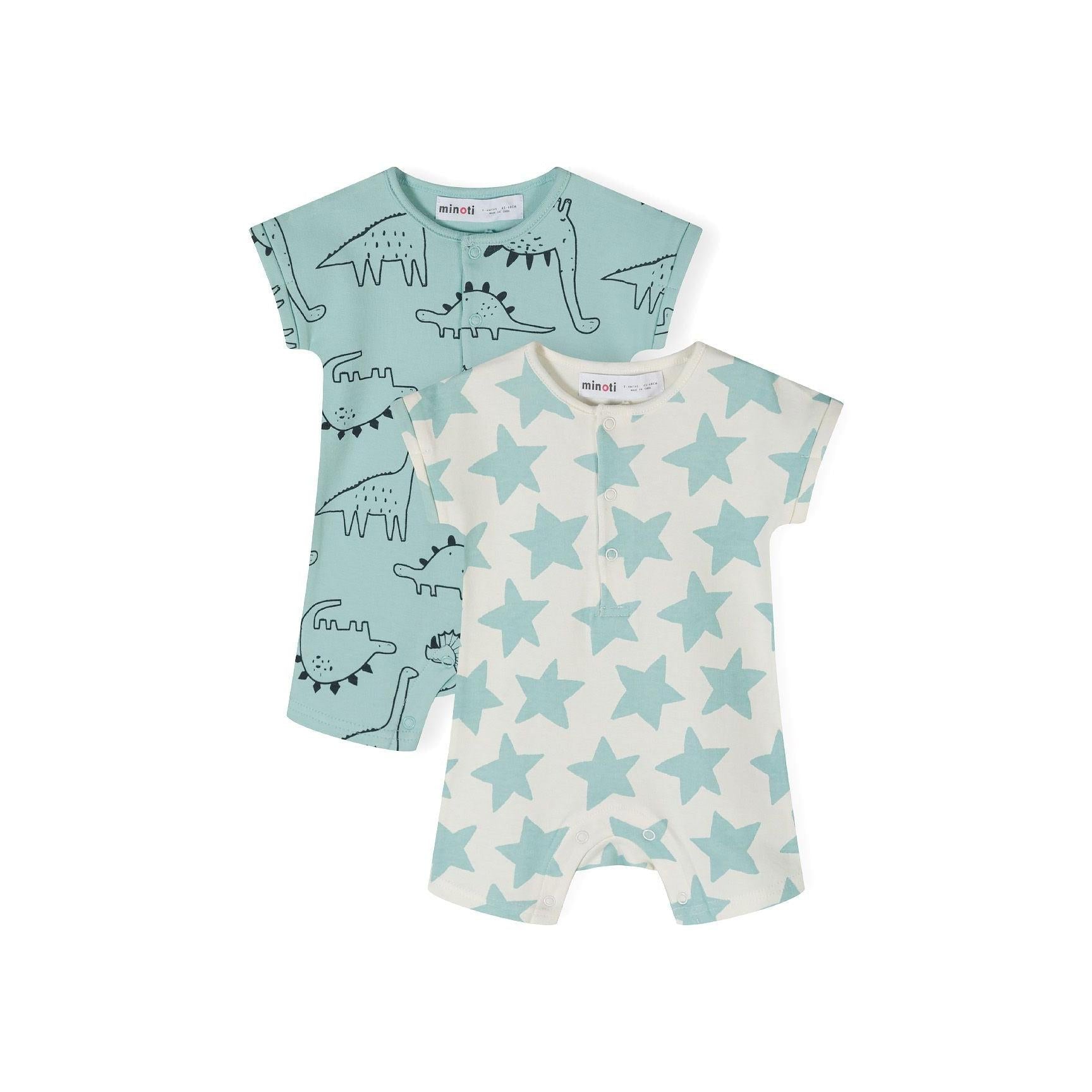 Two mint green short sleeve rompers laid flat - one with black dinosaur outline prints, one with mint star pattern on cream background