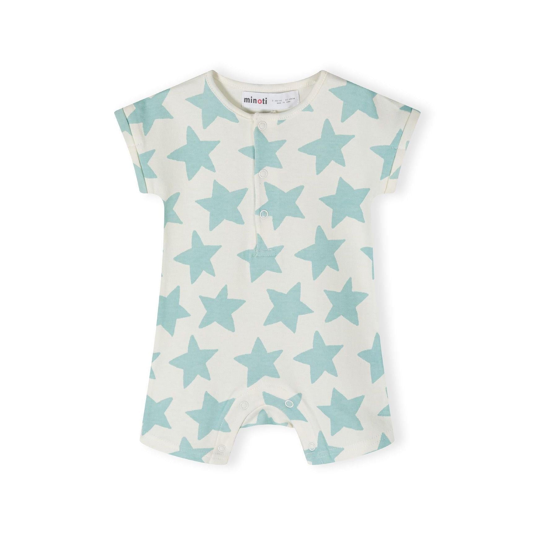 Back view of mint green romper with all-over black dinosaur outline prints including T-rex, triceratops and other dinosaur species