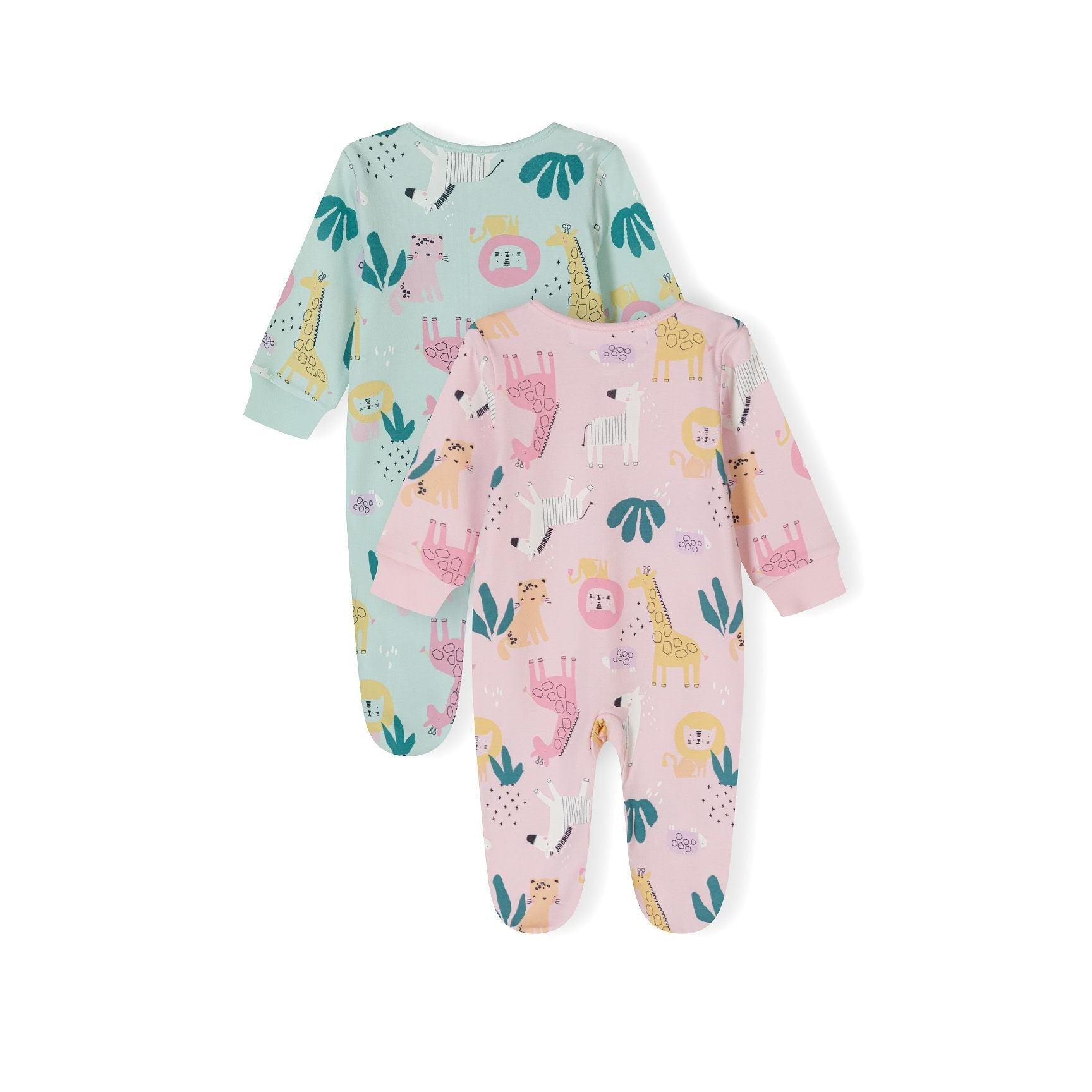 Close-up detail of pink sleepsuit showing snap button closure, Minoti label and jungle animal print with giraffe and leaf motifs