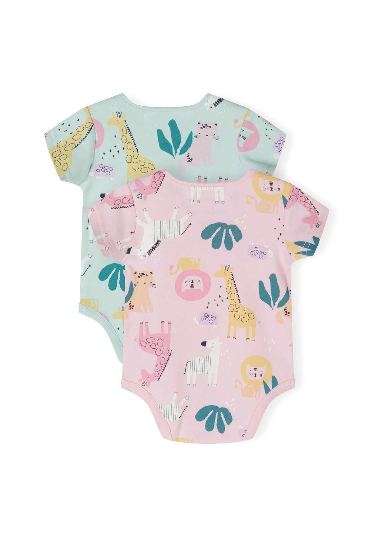 Girls short sleeve bodysuit 2 pack in mint and pink with animal prints, back view.