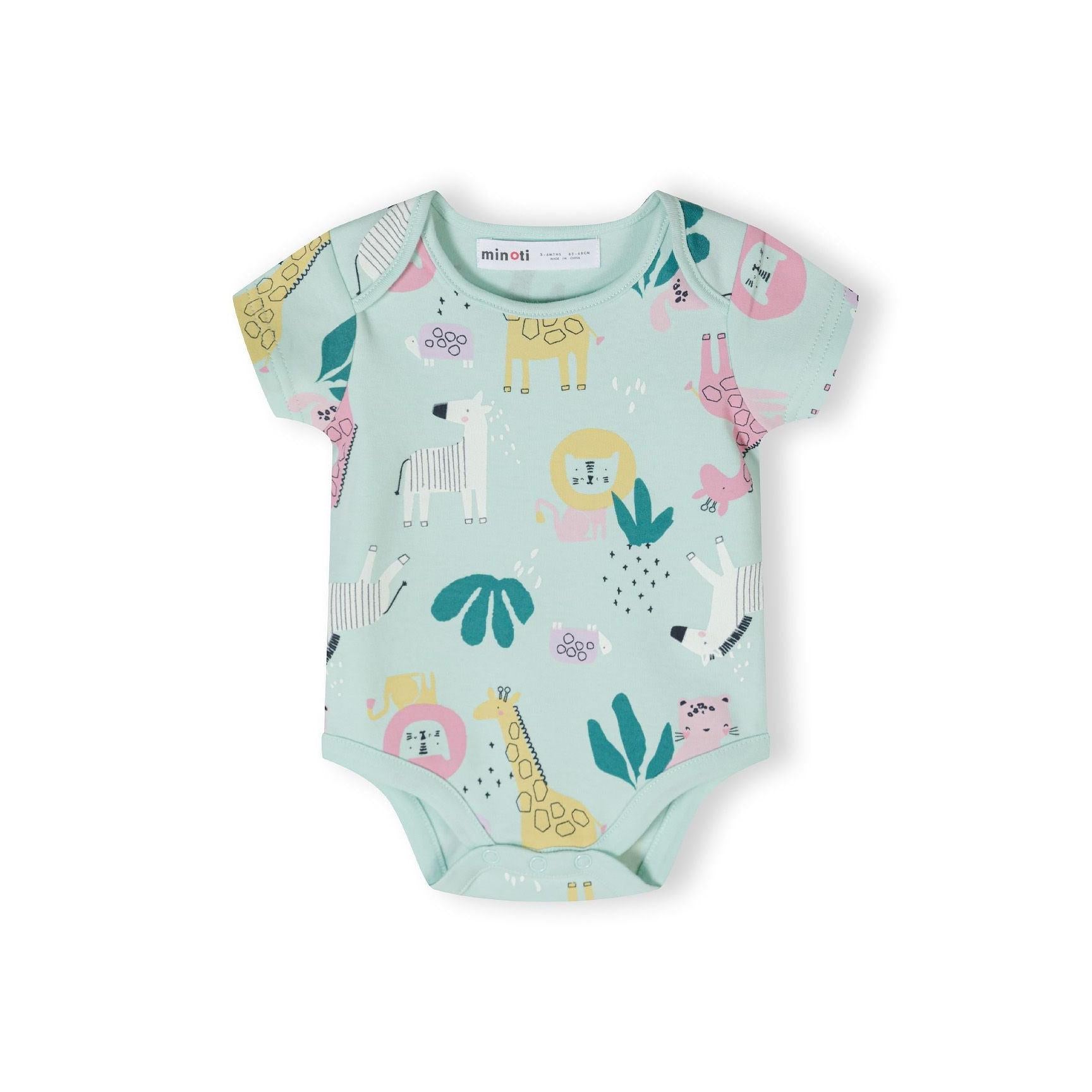 Single mint green bodysuit displayed flat showing safari animal print with giraffes, lions, elephants and zebras on white background