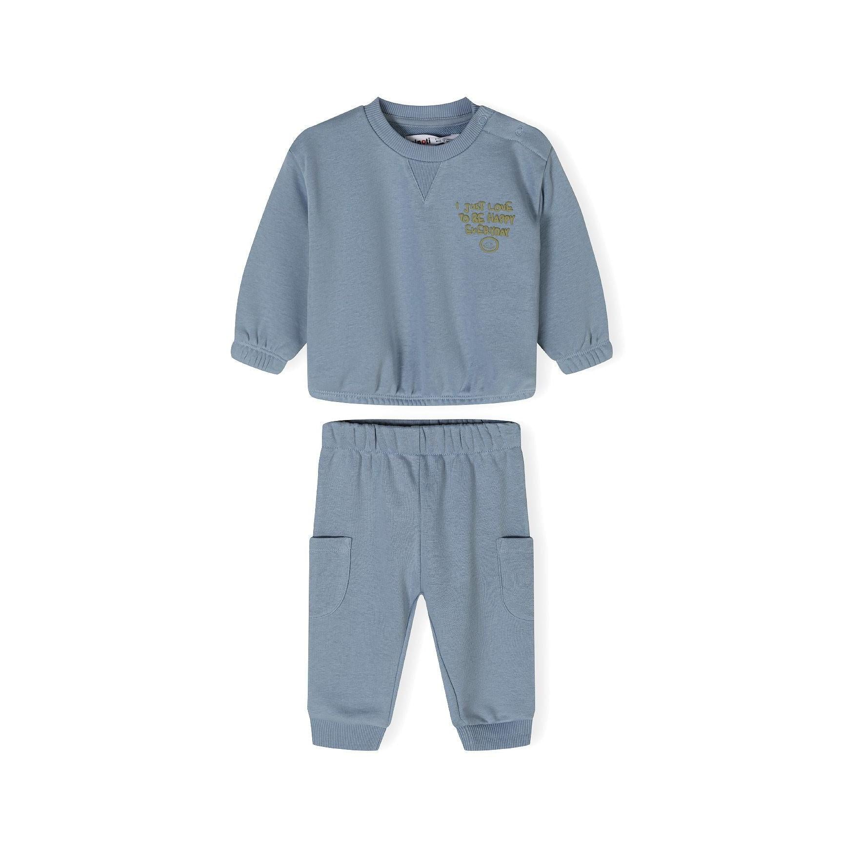 Blue cotton sweatshirt and joggers set laid flat on white background, showing coordinated casual wear for toddlers
