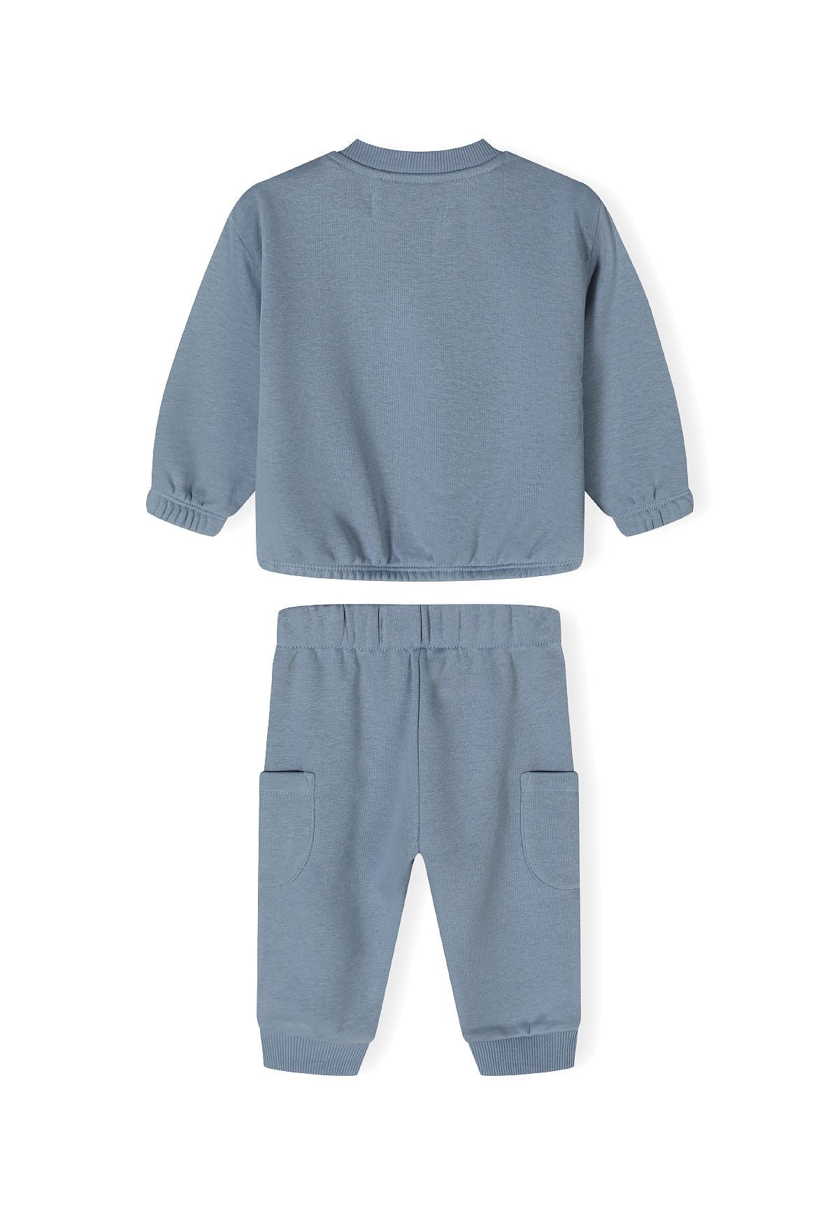 Boys blue long sleeve sweatshirt and jogger set, back view, featuring ribbed cuffs and elasticated waistband.