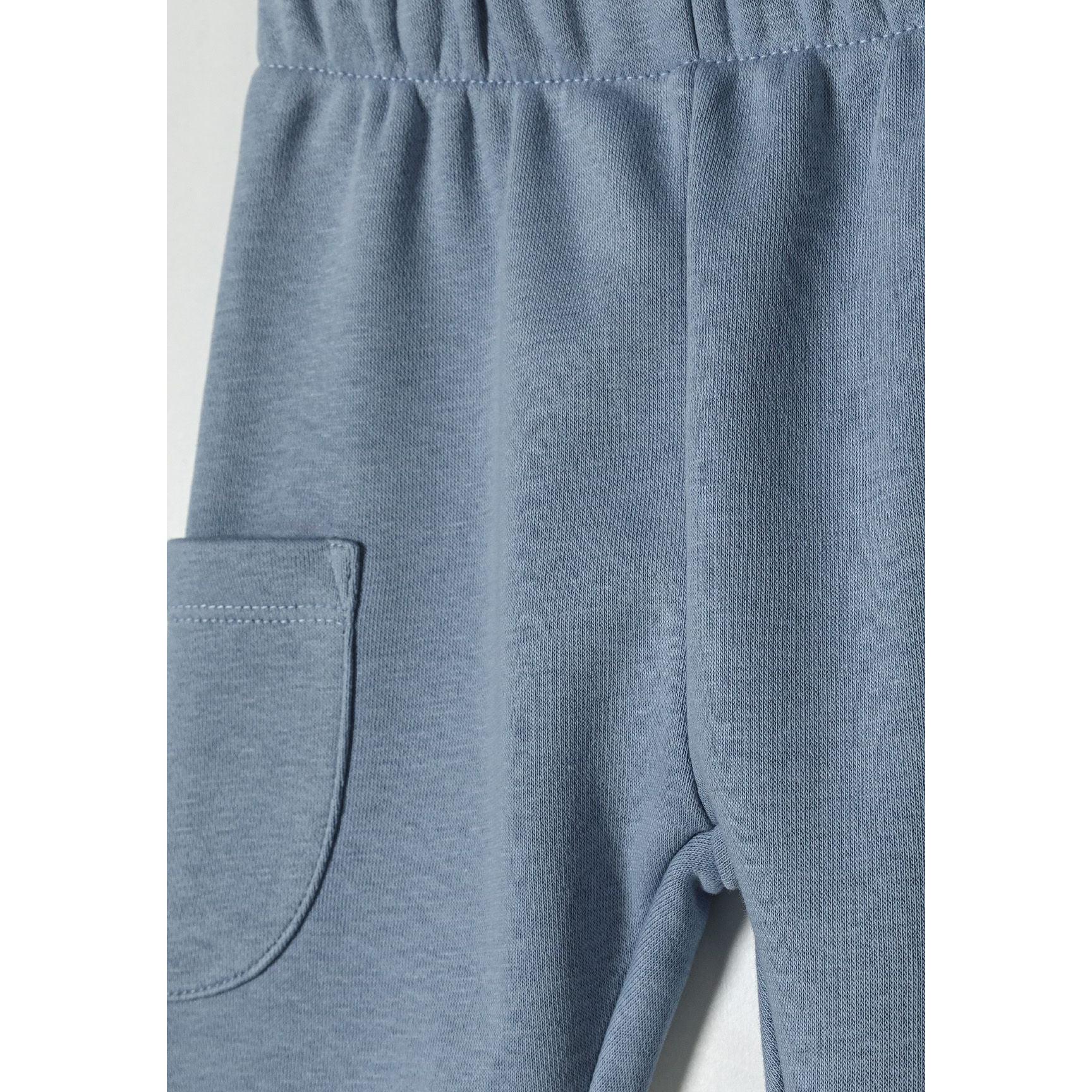 Detailed view of blue joggers pocket construction and fabric texture showing soft cotton material