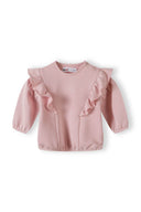 Girls long sleeve sweatshirt with frill shoulder and rib legging set light pink 3-24m, soft cotton fleece, features decorative frills.