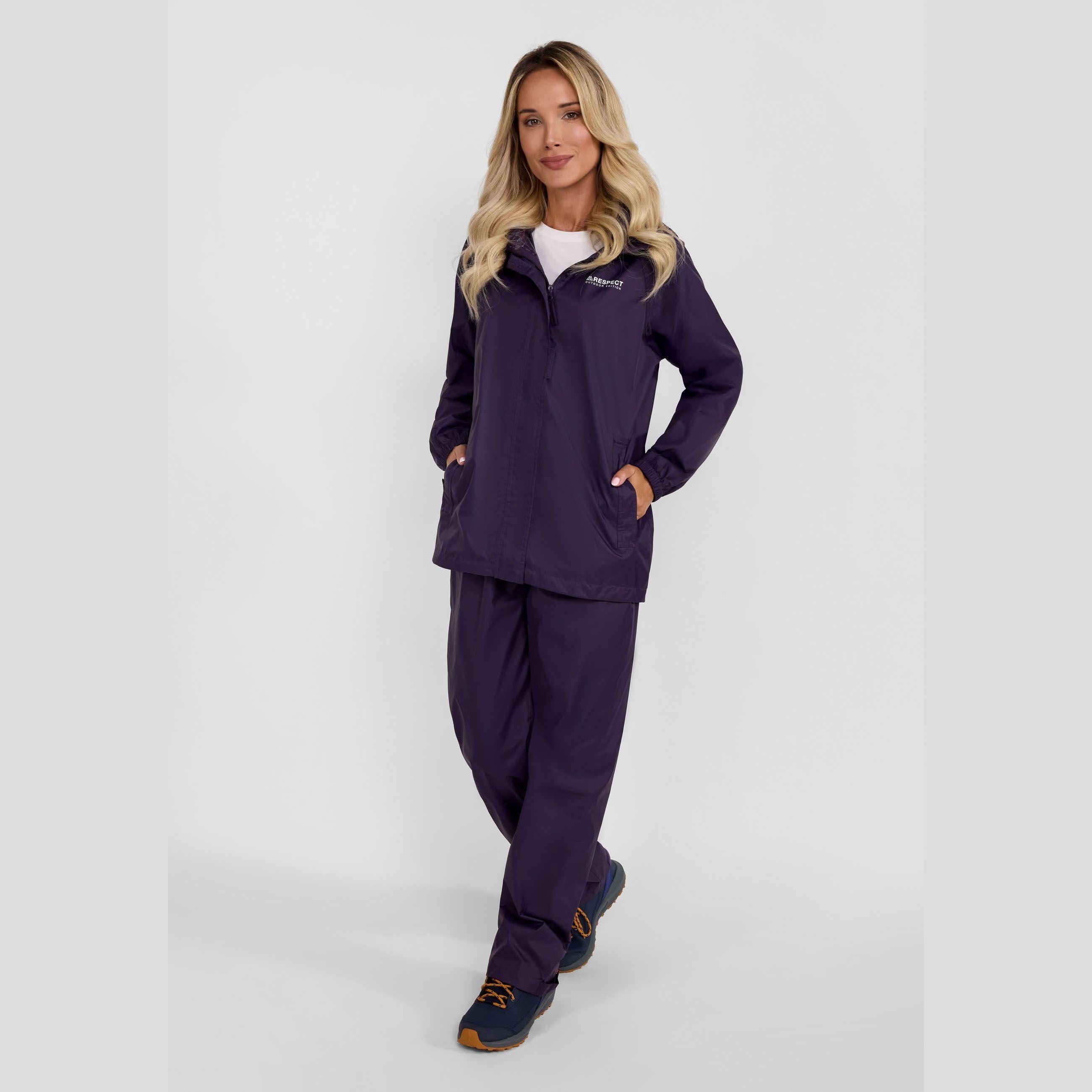 Close-up detail of purple waterproof jacket showing pocket construction and fabric texture