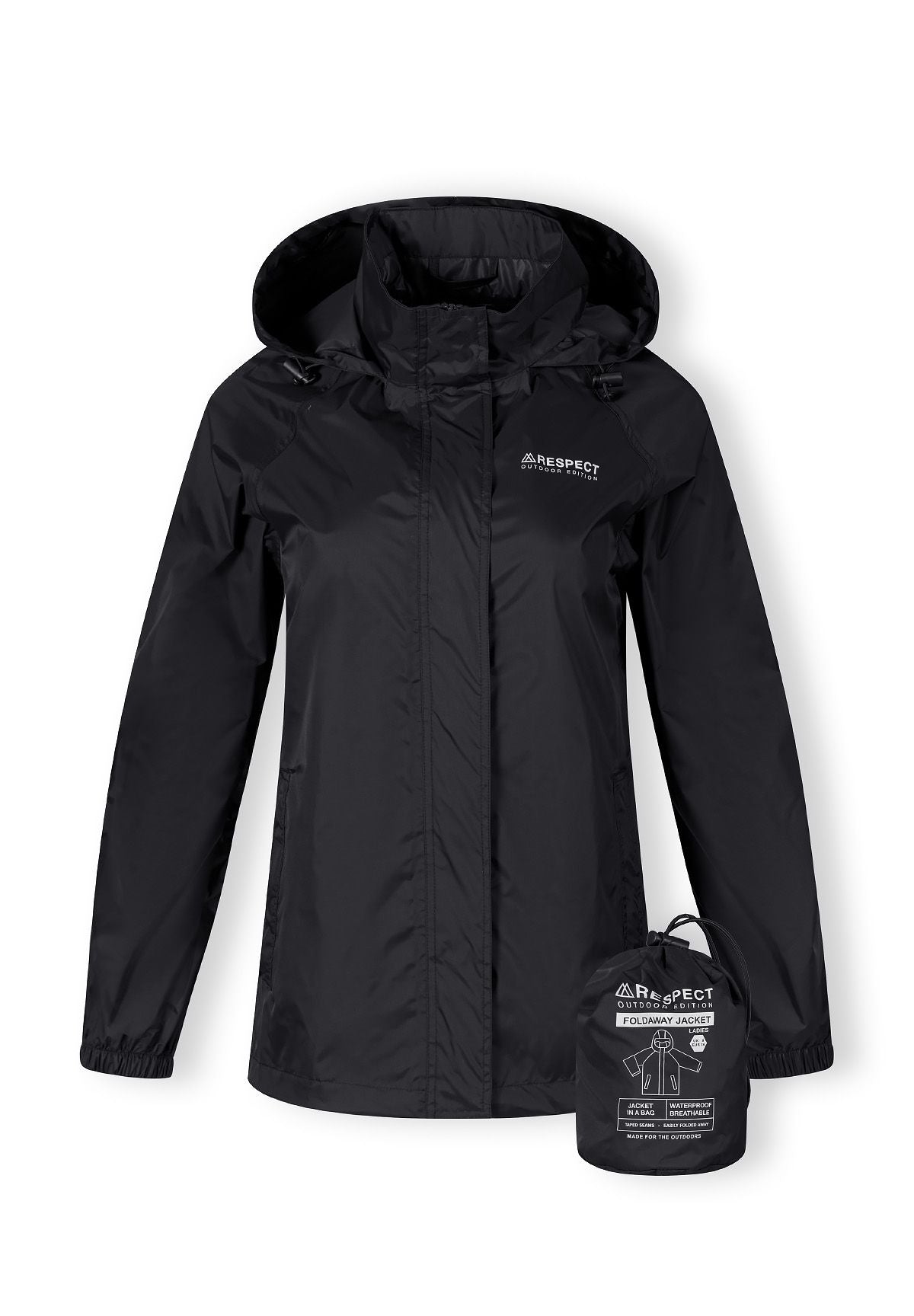 Front of the black packaway hooded jacket, with its matching storage pouch.